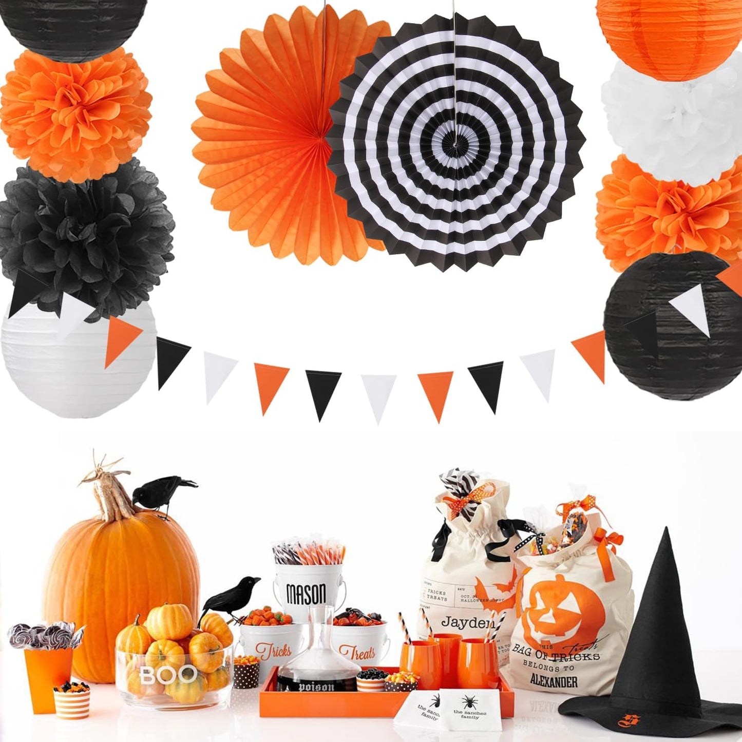 Orange-Black White Party-Decorations Paper-Flowers Lanterns - 20PCS Halloween Tissue Pom Poms Streamers Fans Honeycomb, Vintage Baby Shower Birthday Retro Bachelorette Hanging Supplies Decor Burgleda