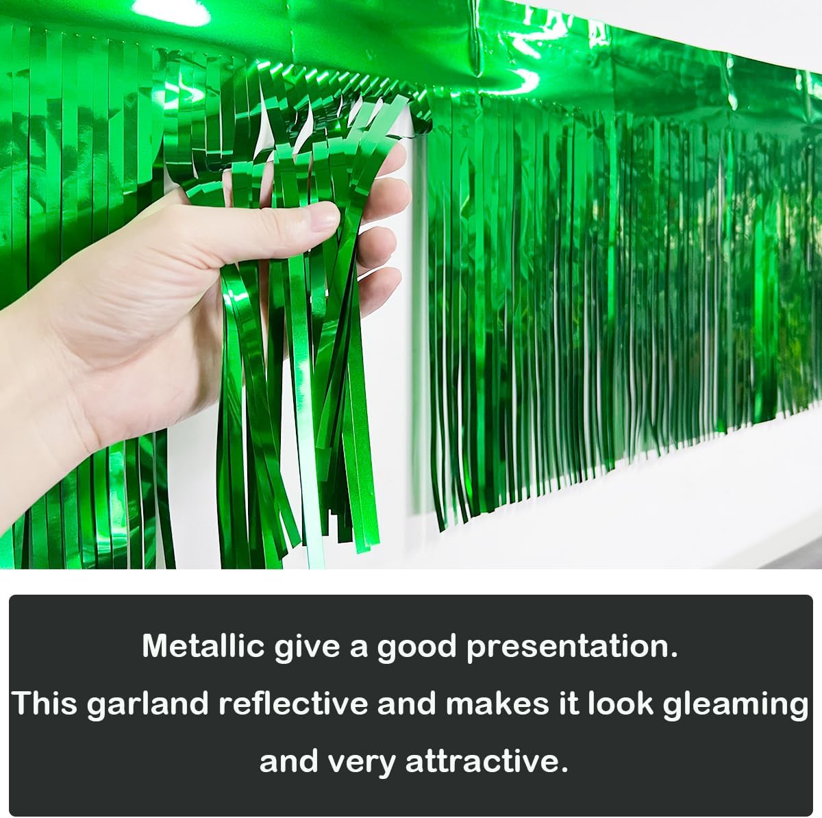4 Pack Total 40 Feet Green Foil Fringe Garland Metallic Wall Hanging Drapes Tassel Skirting Tinsel Streamers Decorations for Parade Float Trailer Mardi Gras Party Birthday St. Patrick's Day