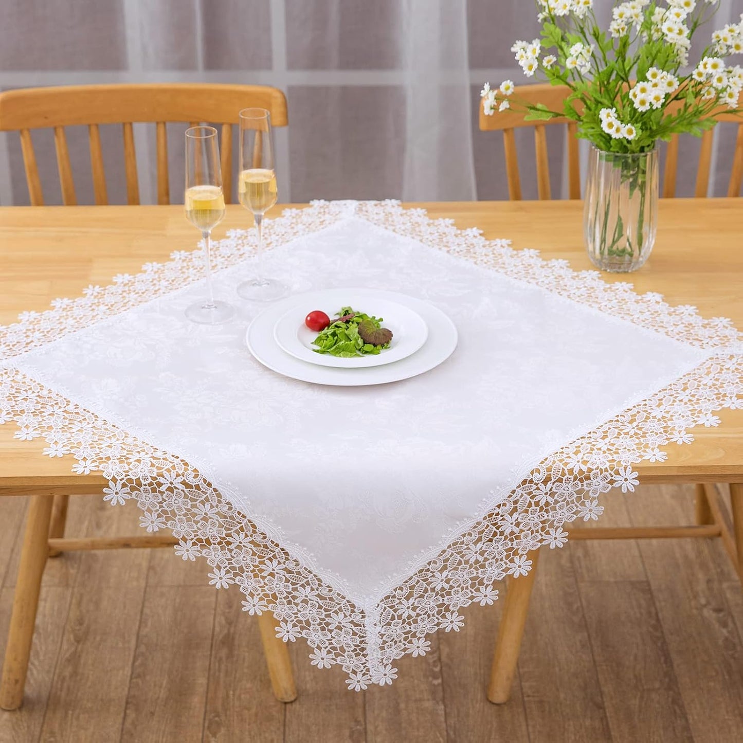 White lace Premium Square Farmhouse Tablecloth Waterproof OilProof SpillProof AntiShrink Soft Wrinkle Resistant Decorative Fabric Table Cover Kitchen Dinning Party Wedding Banquet