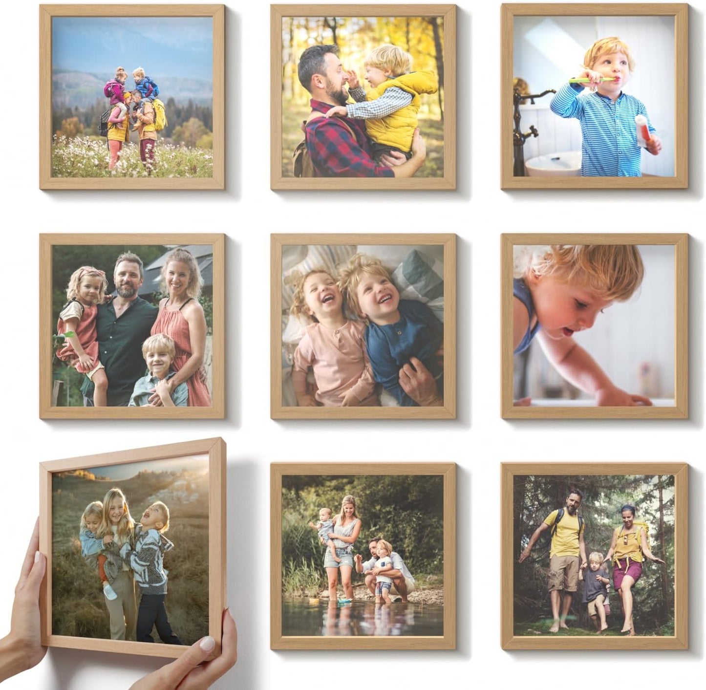 Mixtiles Official - Custom Photo Tiles - Personalized Printed Photos - Magnetic Wall Frames - Adhesive Sticker, No Nails - Various Sizes and Frames - 8x8-9Tile - Oak Frame