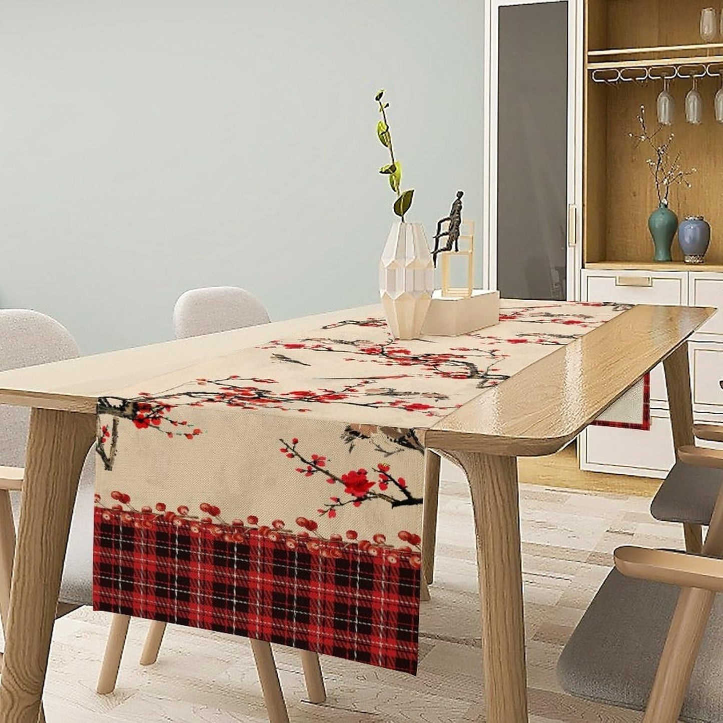 Bird Table Runner,Red Black Buffalo Plaid Blossom Seasonal Table Runner for Kitchen Dining Table Decoration Home Party Decor 13x90 Inch