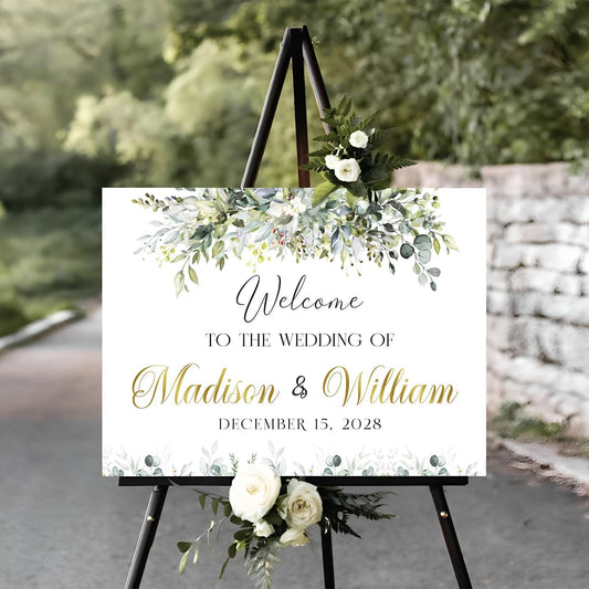 Personalized Wedding Welcome Sign, Easel Stand For Wedding Sign, Rehearsal Dinner Sign, Reserved Signs For Wedding, Greenery Floral Theme Wedding Sign Decoration