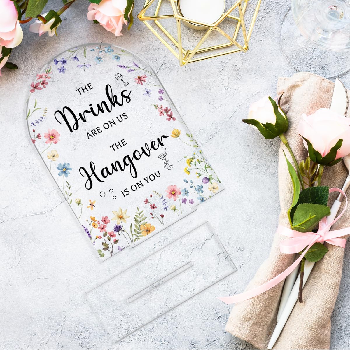 Wedding Sign Decor, The Drinks Are on Us Sign, 5x7 Inch Arch Acrylic. Wedding Sign for Reception & Event, Bridal Shower Decorations, Wedding Table Sign Accessories for Anniversary And Event (Flower)