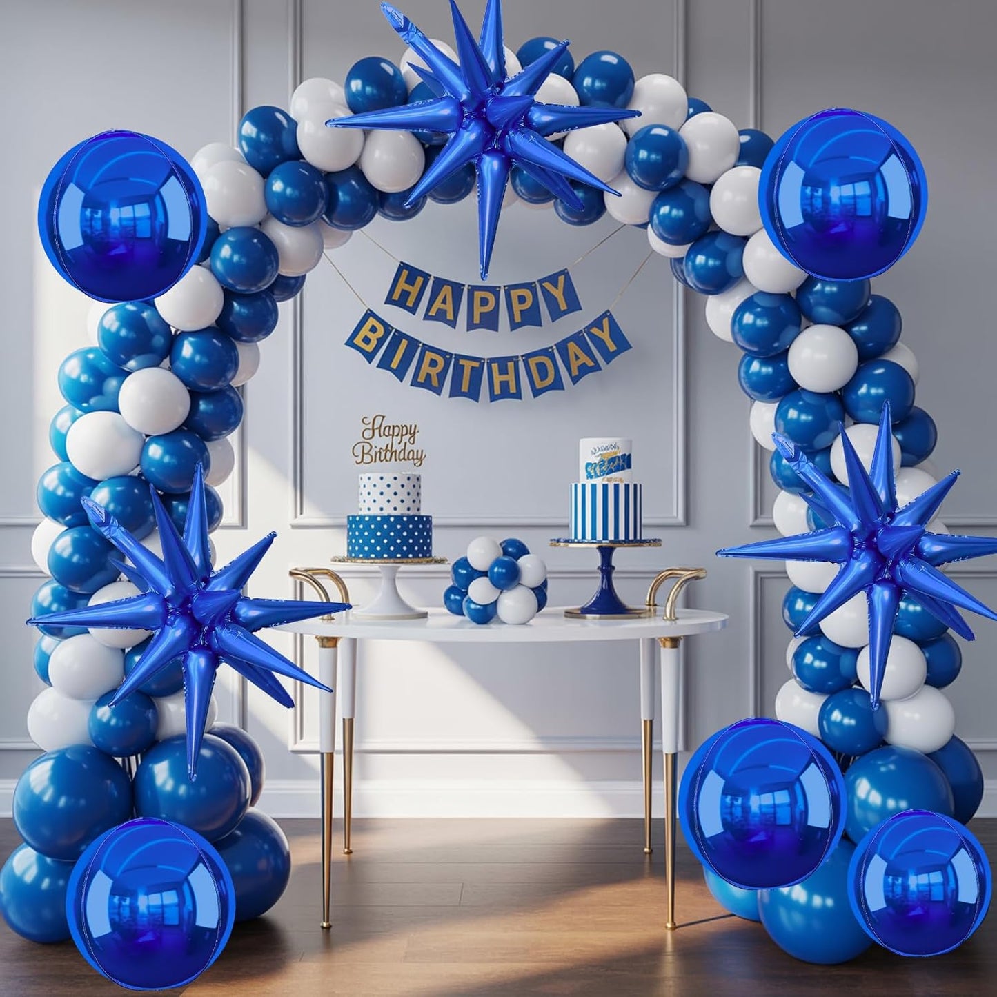 6Pcs Navy Blue Foil Balloons,22Inch Royal Blue 4D Round Ball Balloon and Explosion Star Balloon for Birthday Wedding Baby Shower Anniversary Party Decorations