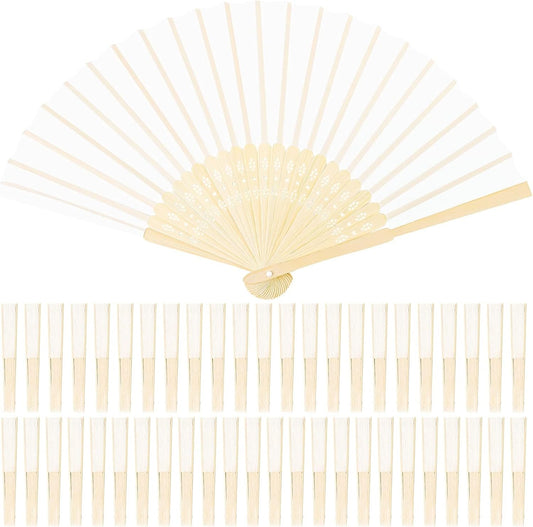 URATOT 48 Pieces White Folding Fans Silk Bamboo Folding Fans Handheld Fan for Wedding, Party Decoration