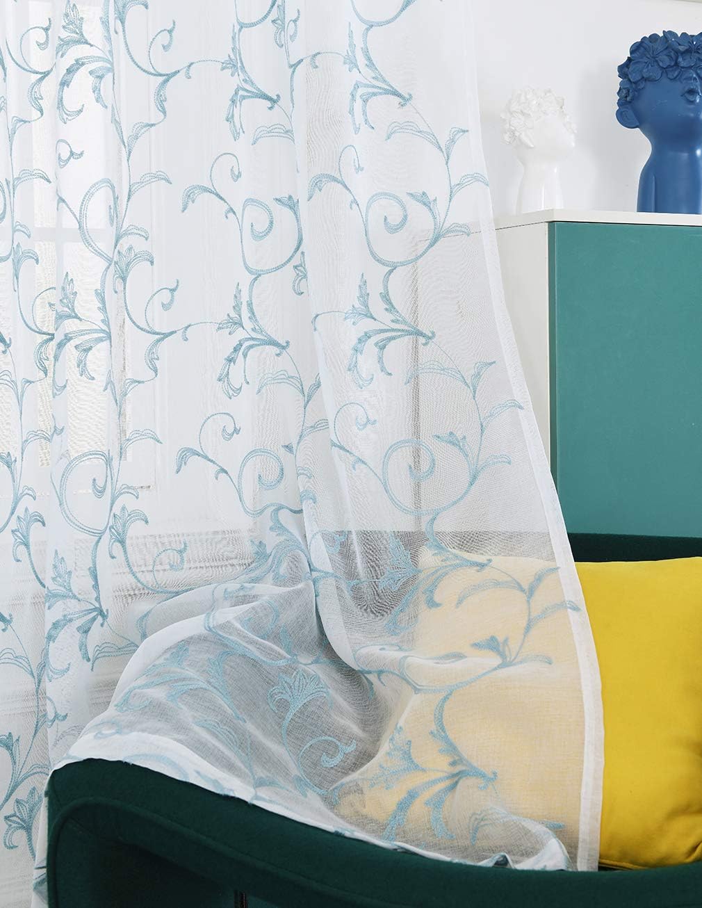 Embroidery Blue Sheer Curtains 84 Inches Long, Rod Pocket Sheer Drapes for Living room, Bedroom, 2 Panels, 52"x84", Vintage Semi Crinkle Voile Window Treatments for Yard, Patio, Villa, Parlor.