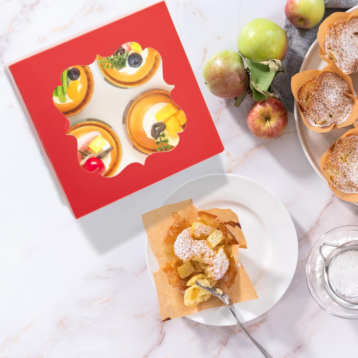 20 PCS 6.5 x 6.5 x 4 inch Paper, Cupcake Boxes with Inserts and Window Hold 4 Cupcakes, Bakery Boxes For Cupcakes Carrier, Cupcake Containers (Red-4 Holes)