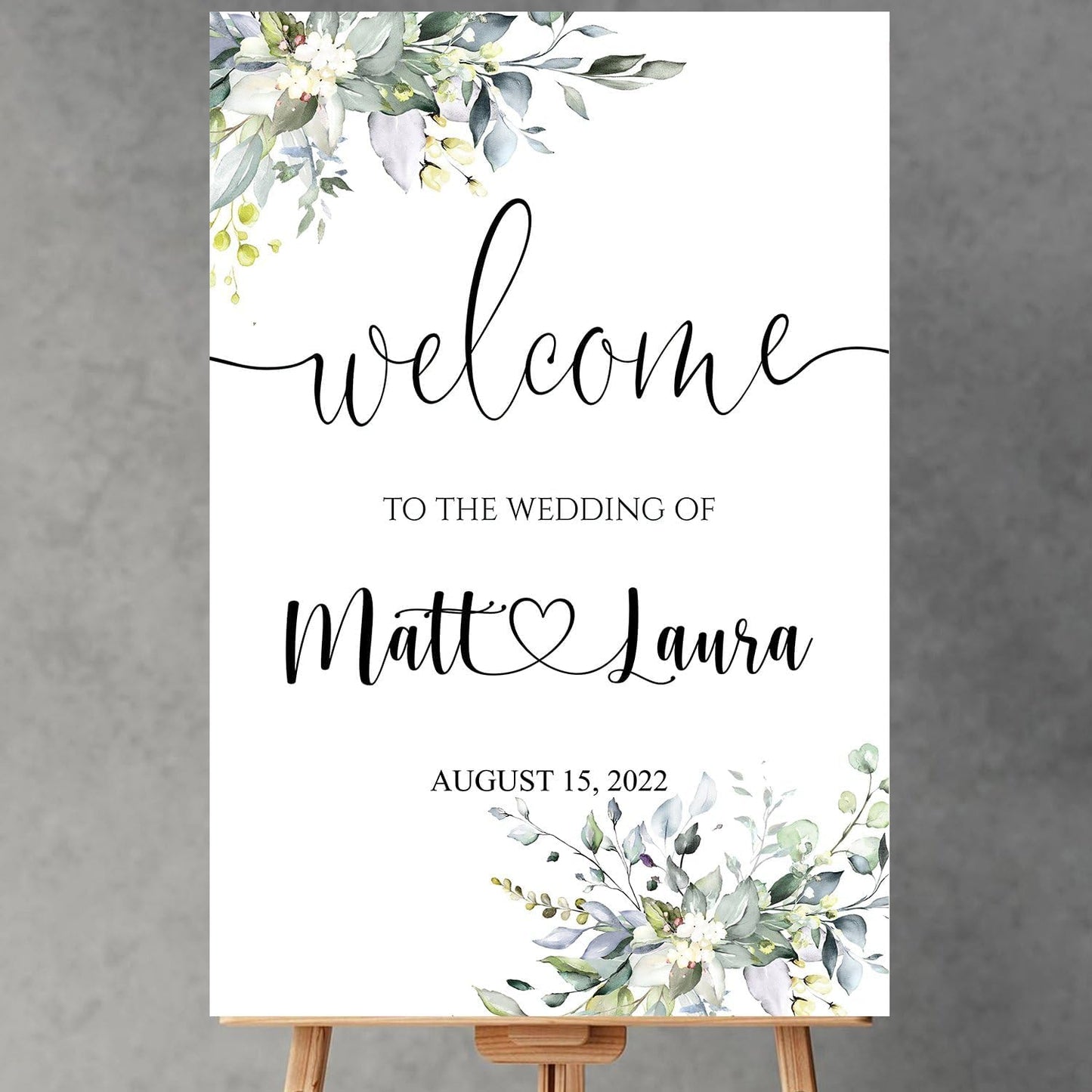 Generic Eucalyptus Wedding Welcome Sign, Editable Plastic Wedding Sign, 12x18, 18x27, 24x36 Inch, 4mm Thick, Weatherproof & Fade-Resistant, Customizable with Names, Date, Message