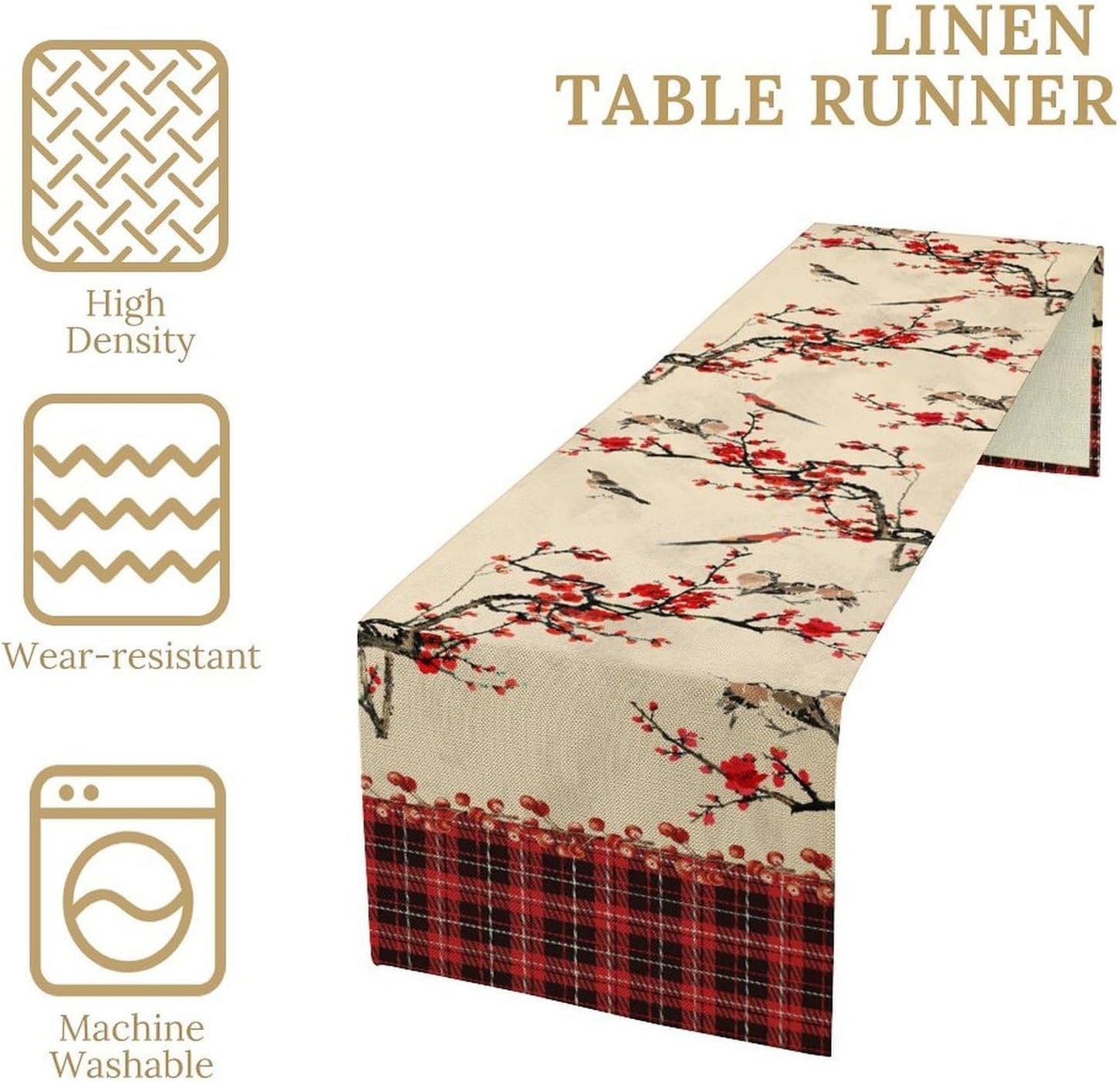 Bird Table Runner,Red Black Buffalo Plaid Blossom Seasonal Table Runner for Kitchen Dining Table Decoration Home Party Decor 13x70 Inch