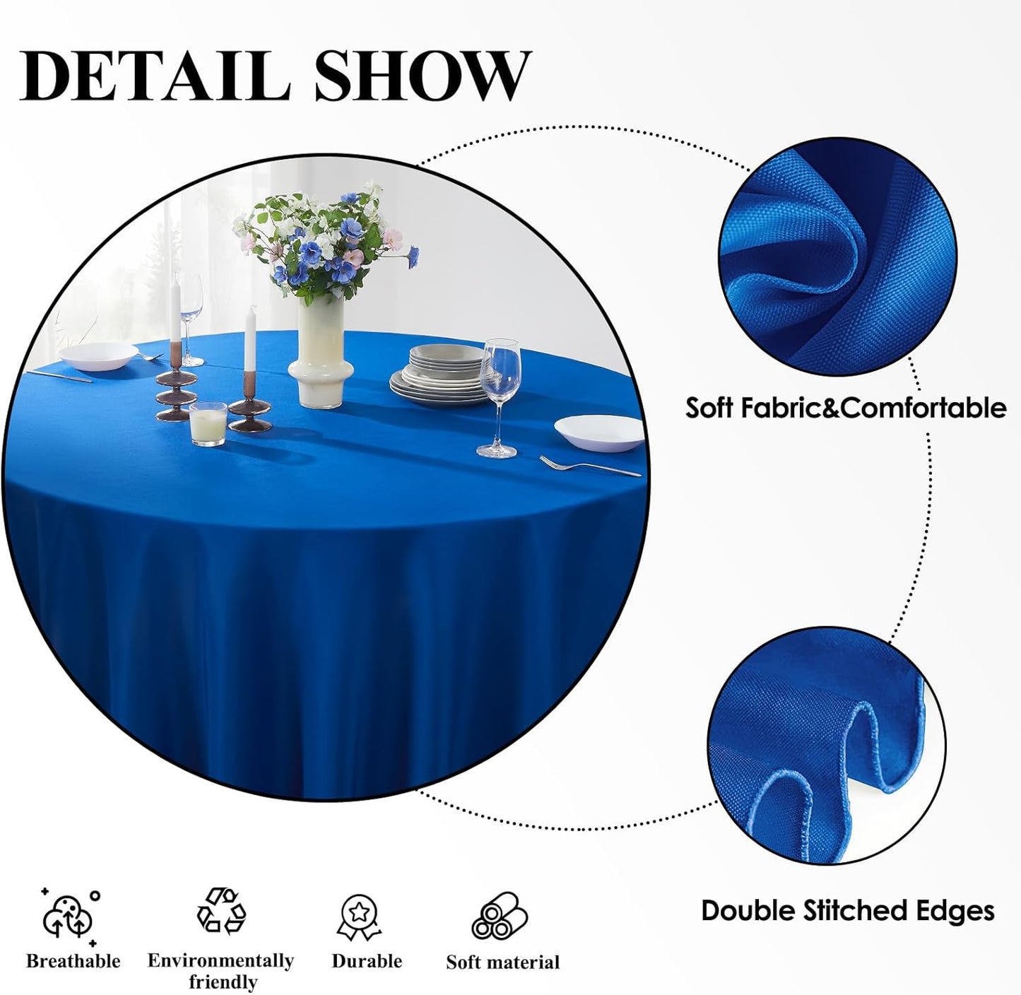 Round Tablecloth 132 Inch 2 Pack Royal Blue Tablecloths Washable Decorative Linen Polyester Table Clothes Cover for Dining Table Banquets Buffet Parties and Wedding