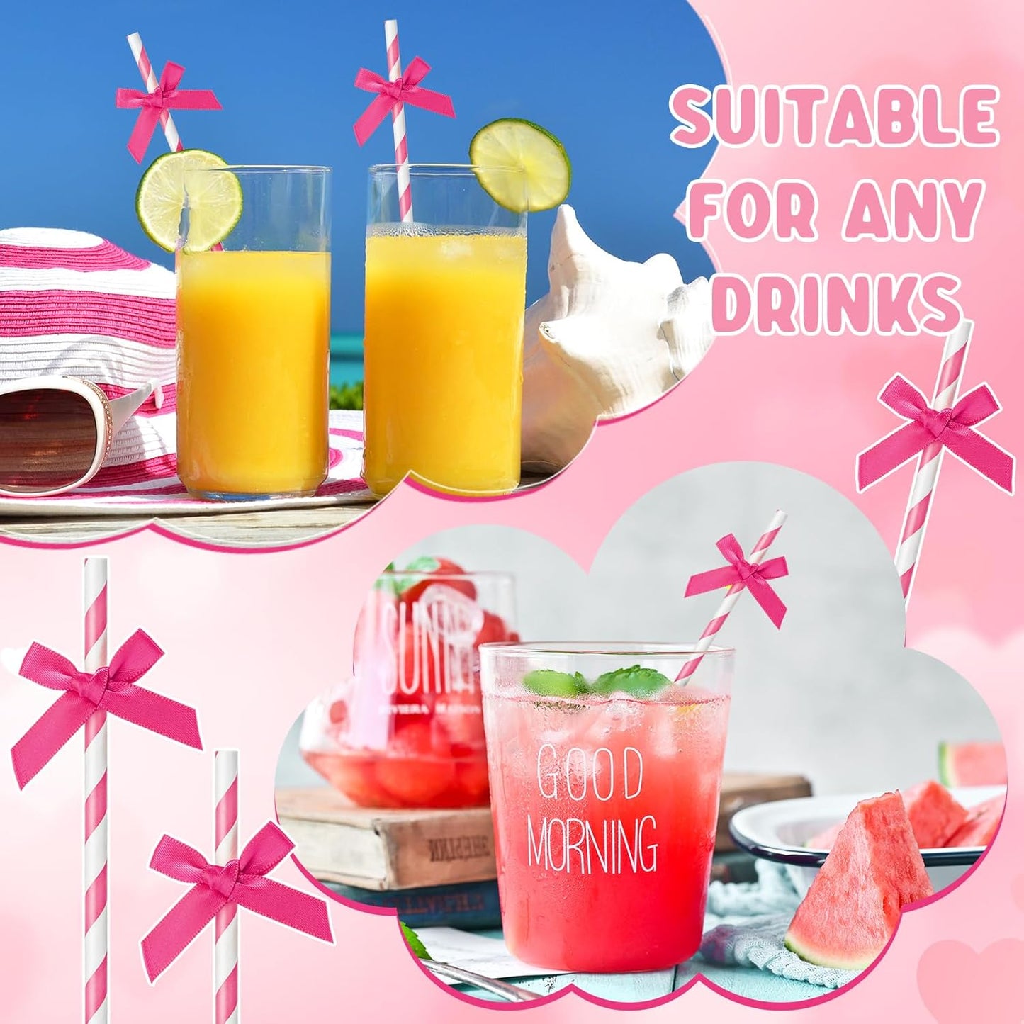 50 Pcs Rose Red Paper Straws for Drinking, Bow Disposable Striped Paper Straws Bulk Rose Red Theme Birthday Party Supplies for Wedding Cake Decorations Bachelorette Baby Shower