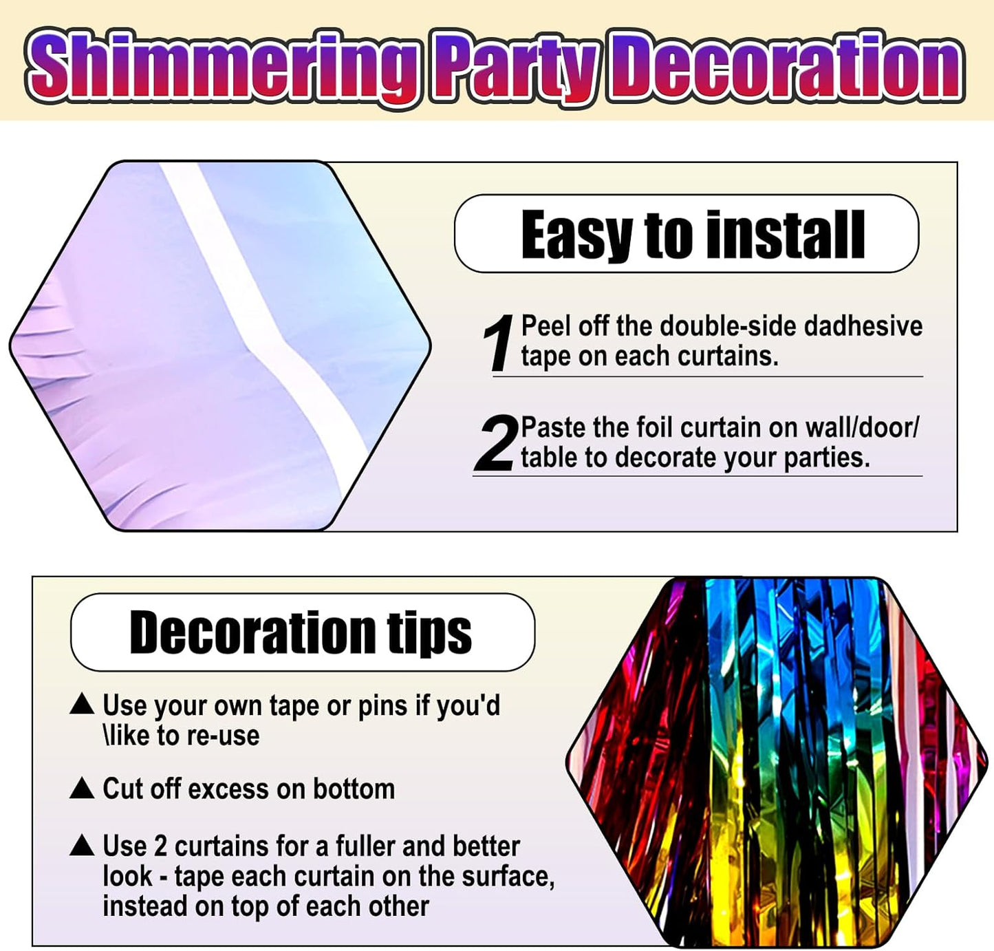 3 Pack Rainbow Foil Fringe Curtain Backdrop, 3.28Ft x 8.2Ft Metallic Tinsel Foil Fringe Streamer Curtains for Photo Booth, Christmas Day, Thanksgiving, Wedding, New Year Party Decorations