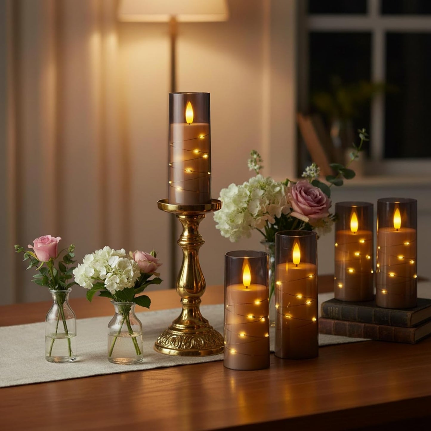 Raycare Flameless Candle with Remote Timer – 9 Flickering Acrylic Battery Operated LED Pillar Candles with Embedded Star String for Halloween, Fall Decor, Harvest Festival Gifts(Grey)