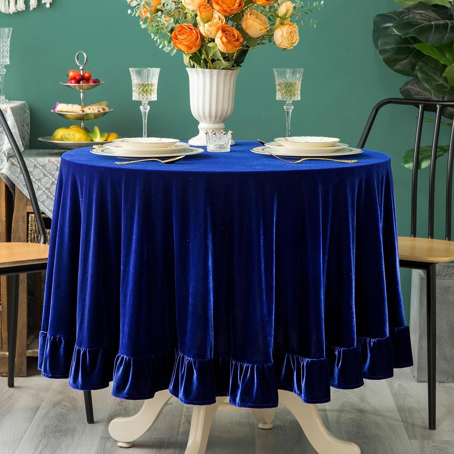 Velvet Tablecloth Luxurious Solid Round Table Cloth,Oblong Retro Farmhouse Ruffle Tablecloths Washable Table Cover for Party Wedding Baby Shower Kitchen Dinning Tabletop Decoration