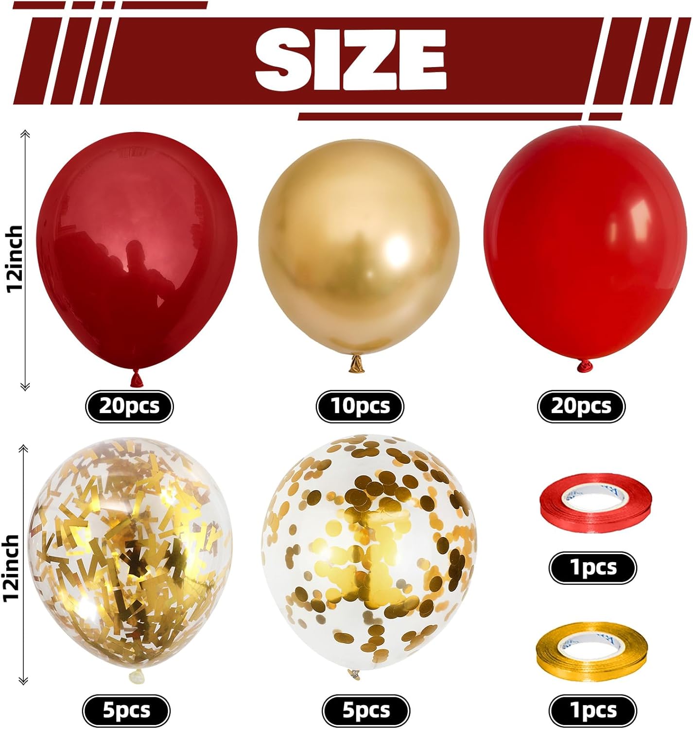 Red and Gold Balloon, 60 Pack 12 Inch Different Shades Red Party Balloons, Dark Red and Metallic Gold Confetti Balloons for Women Wedding Bridal Shower Birthday Christmas Party Decorations