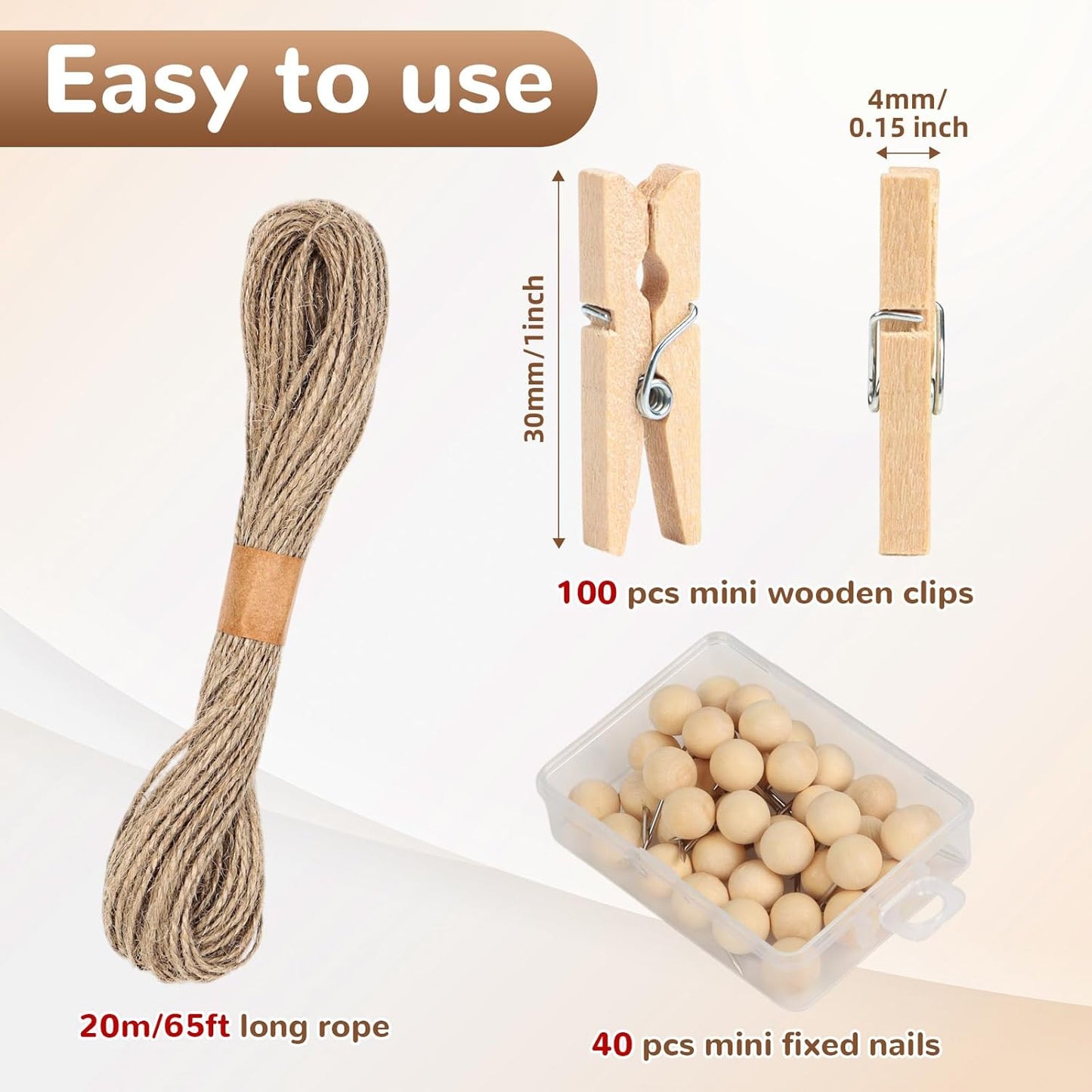 100 Pcs Wooden Clothespins for Photo Hanging Display, Mini Clothes Pins with String, Photo Display Hanging Clips for Crafts Pictures Photos Home Birthday Wedding Party Decoration