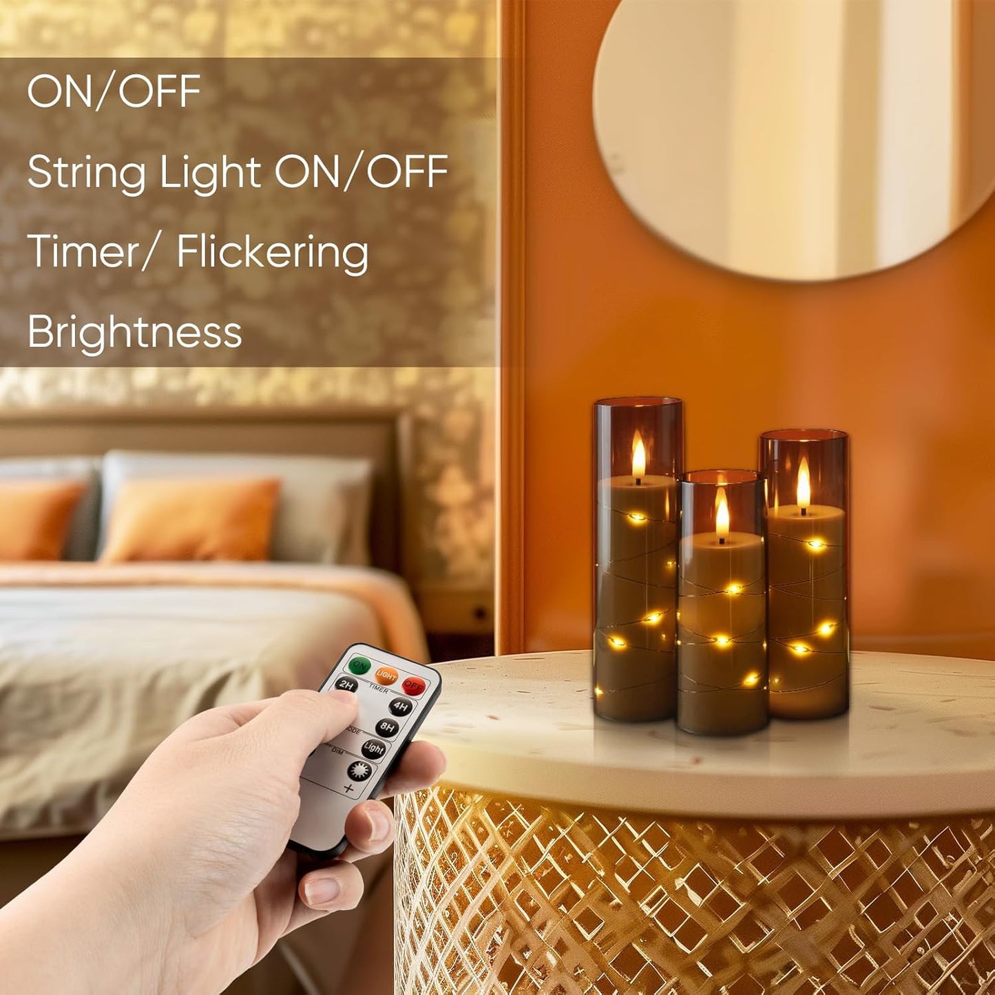 Homemory Flameless Candles with Embedded Star String Fairy Lights, Acrylic Battery Operated Candles with Remote Control and Timer, Flickering LED Candle for Halloween, Grey, Set of 9, D2.2”xH5”6”7”