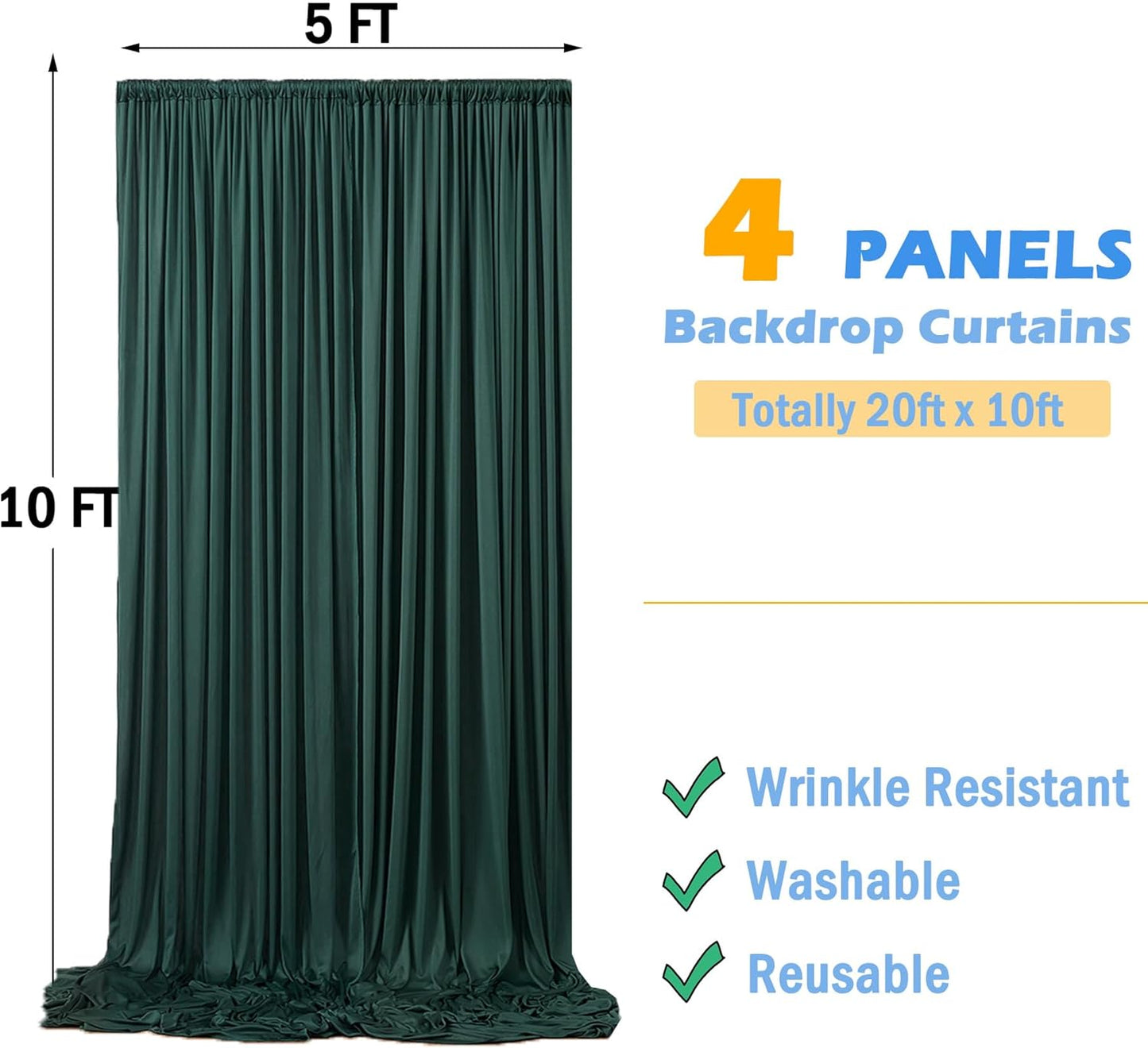 20ftx10ft Wrinkle Free Hunter Green Backdrop Curtains for Party Background, 4 Panels Silky Fabric Green Photo Backdrop Drapes Back Drop Cloth for Wedding Birthday Photography Baby Shower Decor