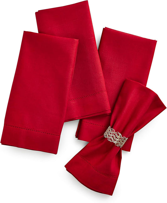 Cotton Linen Dinner Napkins Set of 4 – Hemstitch Red Cloth Dinner Napkins 20x20 Inch – Washable Fabric for Dining, Fall, Halloween, Spring, Summer, Wedding, Everyday Décor – Serena