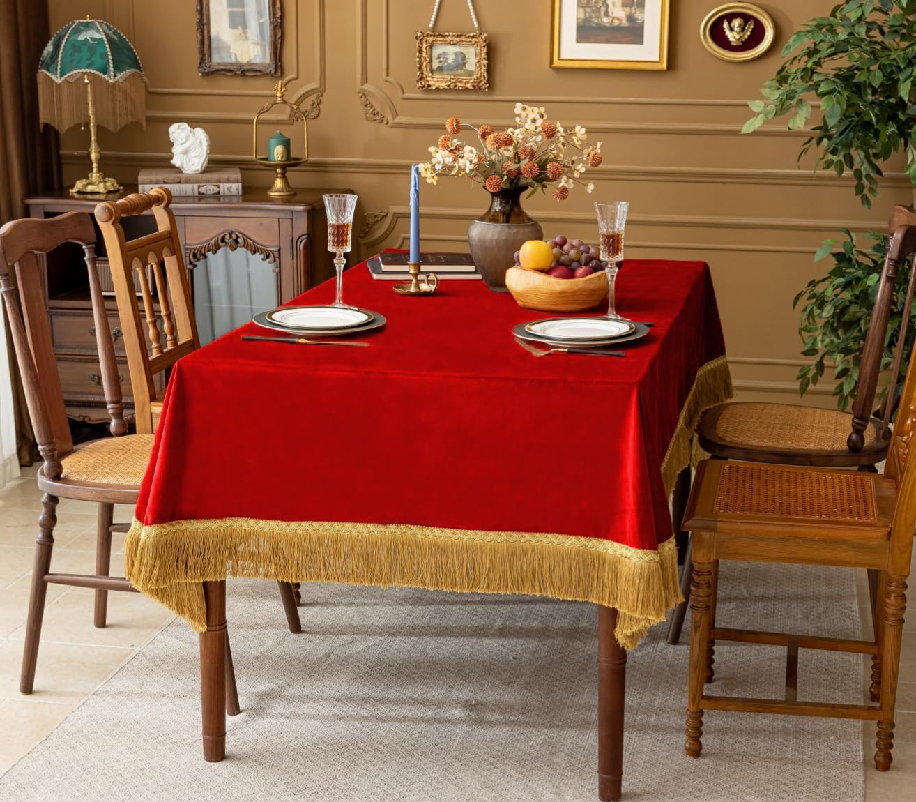 F-CHU Red Tablecloth Thickset Velvet Tablecloth with Beautiful Gold Tassels Vintage Table Cloth for Home Decor Wedding, Party, Banquet and Events 67x120-Inch