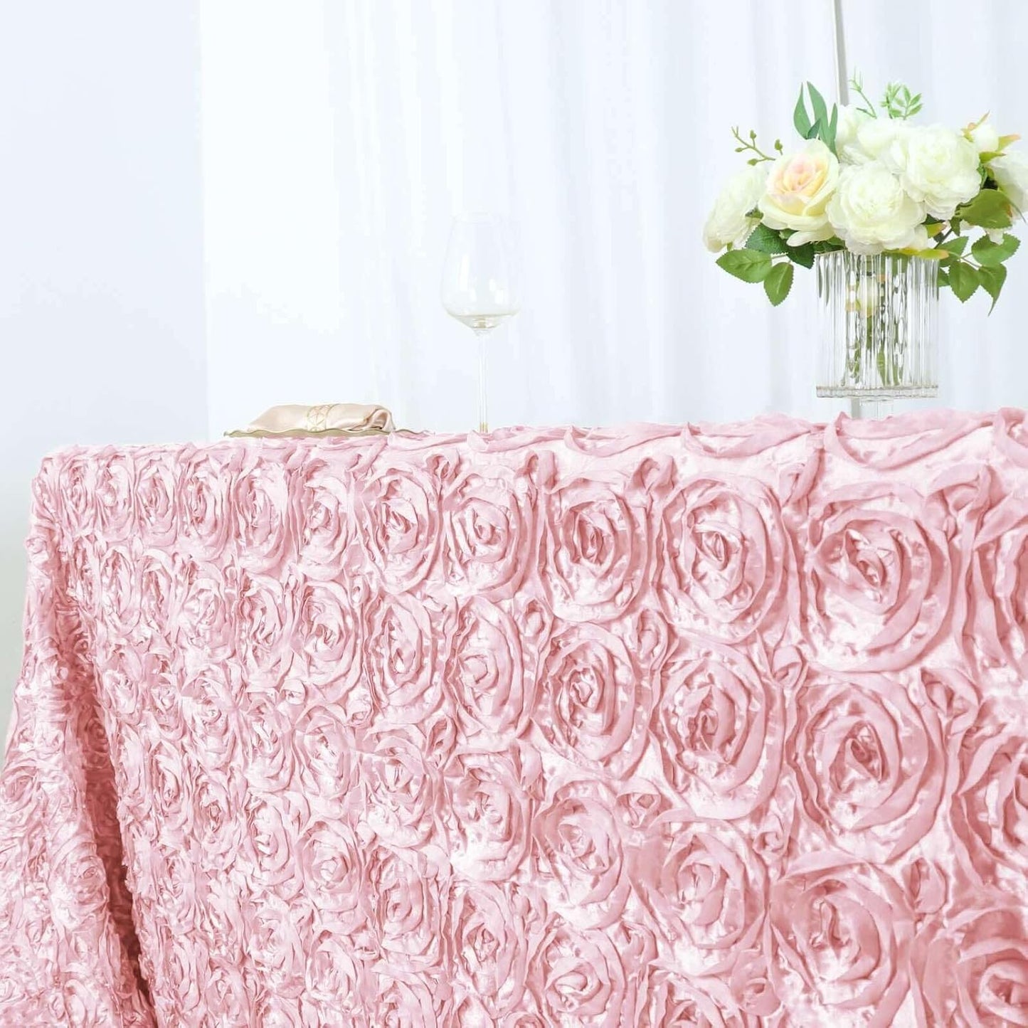 Efavormart 90"x156" Wholesale Rectangle Table Cover Blush Grandiose Rosette 3D Satin Tablecloth for Wedding Party Event Decoration