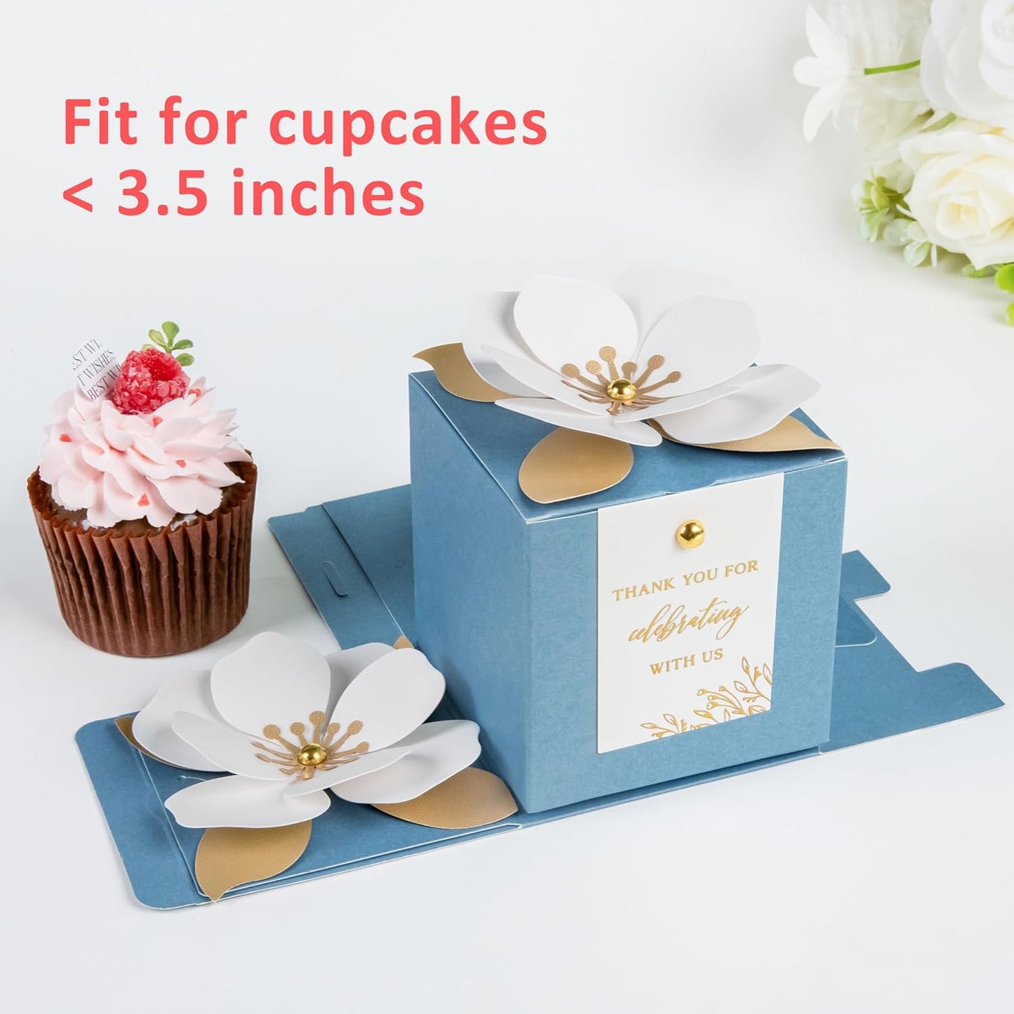 FEIYI 20 PCS Dusty Blue Gift Boxes, 3 In 1 Favor Boxes with Floral Decor, White Thank You Tags Cupcake Containers Gift wrapping for Wedding, Baby Shower, Birthday, Decorations Party - 3.55x3.55x3.55