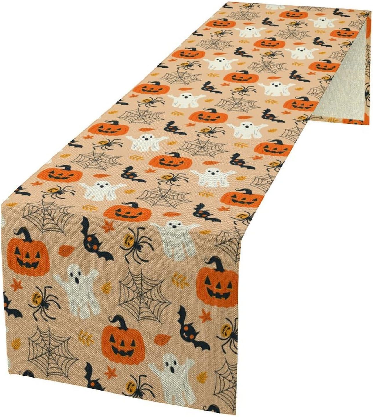 Halloween Table Runner,Cute Ghost Pumpkin Leaves Table Runner for Kitchen Dining Table Decoration Home Party Decor 13x108 Inch