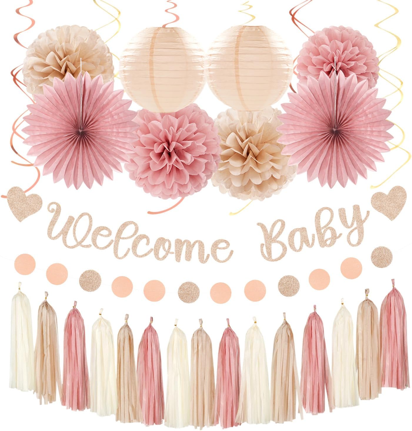 Blush-Pink Rose-Gold Fall Baby-Shower Party-Decorations - 31pcs Welcome Home Banner Sign,Neutral Paper Lanterns,Girl Streamers Garland,Boho Hanging Tissue Pom Poms Flowers Fans Backdrop Decor Burgleda