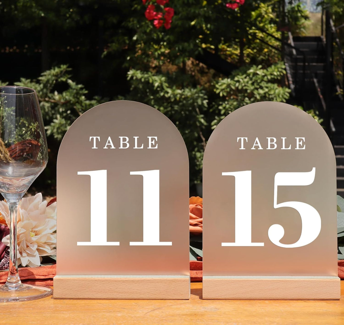 Wedding Table Numbers 11-15, Acrylic Arch Signs with Natural Wood Stands Holders, Rustic Table Decor for Reception & Parties (Frosted White)