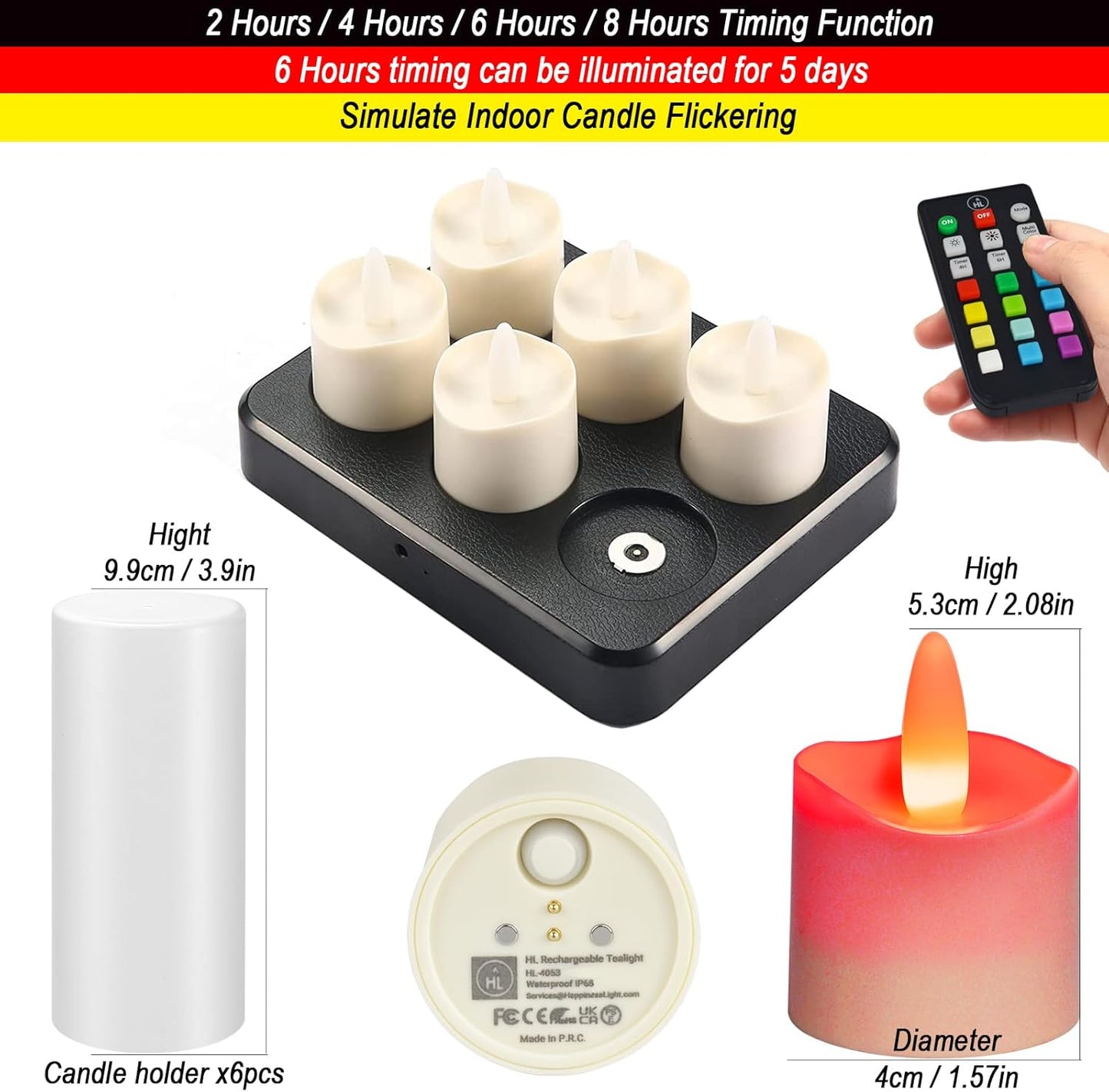 HL Flameless Candles with Remote Timer&Charging Station, 60+Hours Rechargeable Waterproof Outdoor RGB Tea Lights Colorful Candles for Valentine's Gift Halloween Christmas Home Party Decor-6pcs