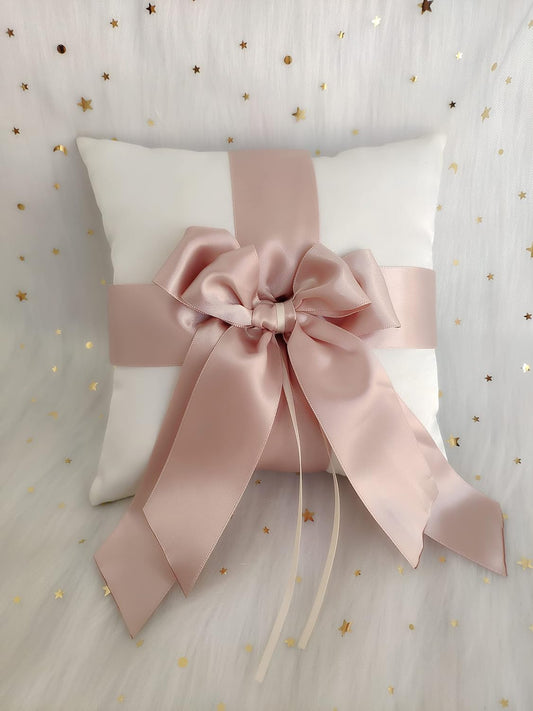 White Ring Bearer Pillow with Double Ribbon Bow Décor for Wedding Ceremony Vow Renewal Baby Shower Party Favor (Pillow)