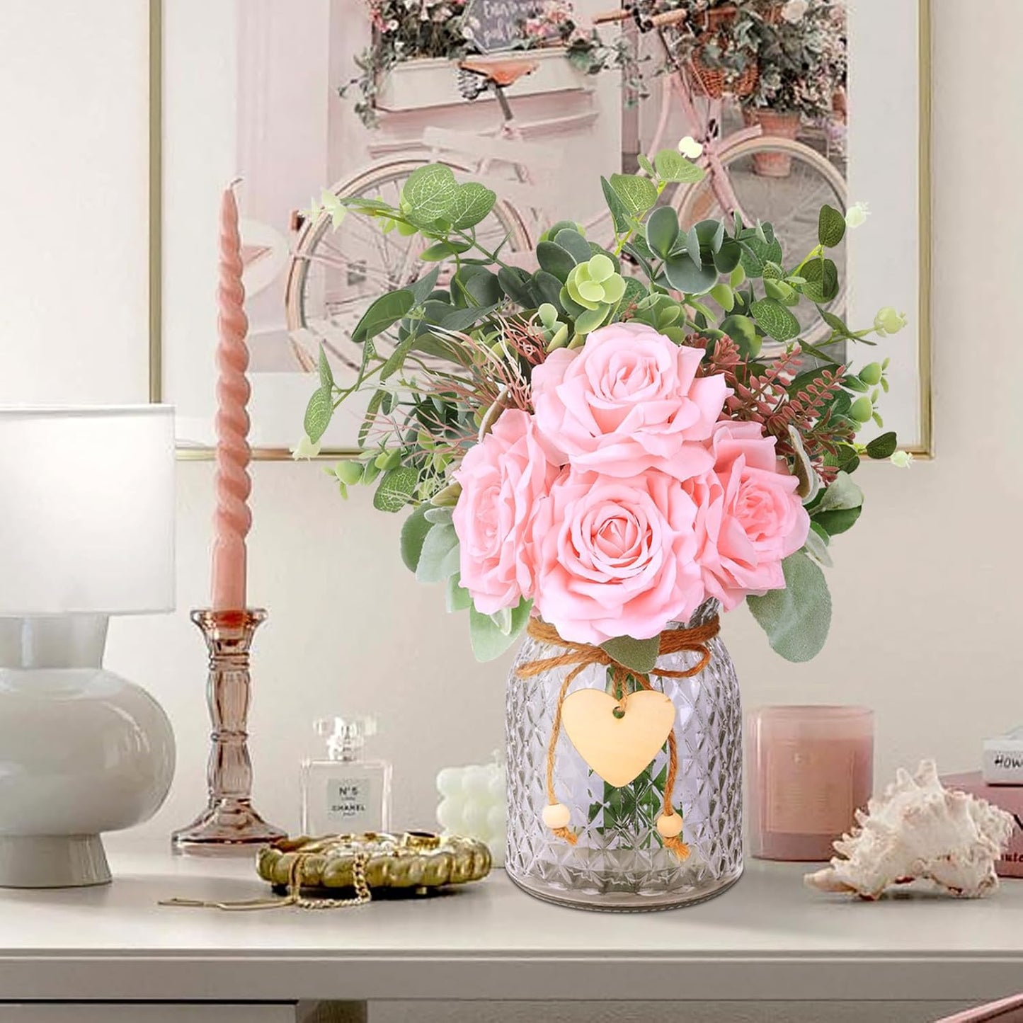 HOHOTIME Artificial Flowers in Vase, Faux Silk Pink Roses Table Centerpiece Decoration, Fake Flowers for Home Bedroom Study Room Decor with Glass Vase