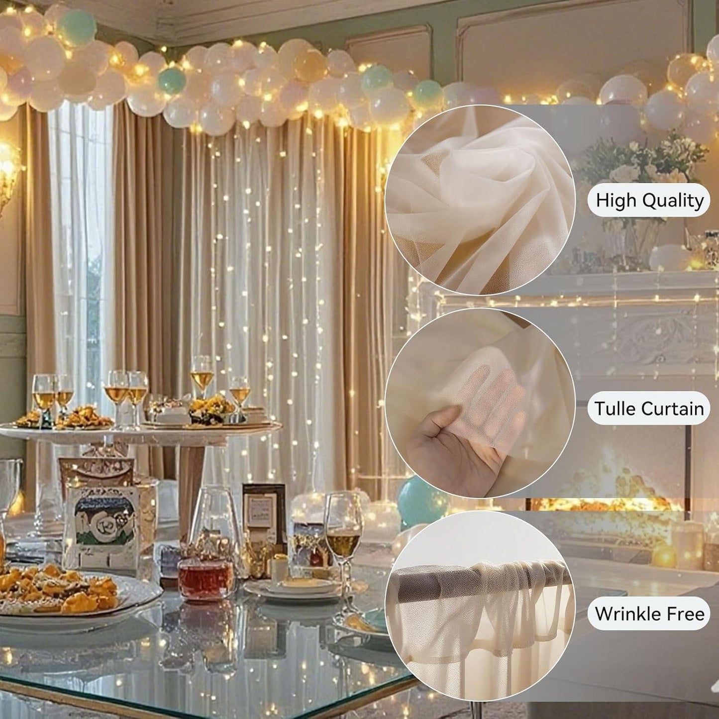 10×10ft Tulle Backdrop Curtains with Lights String - 300LED Fairy Lights Sheer Curtain Backdrop for Weddings Baby Shower and Birthday Party Decorations(4 Panels 5×10ft)