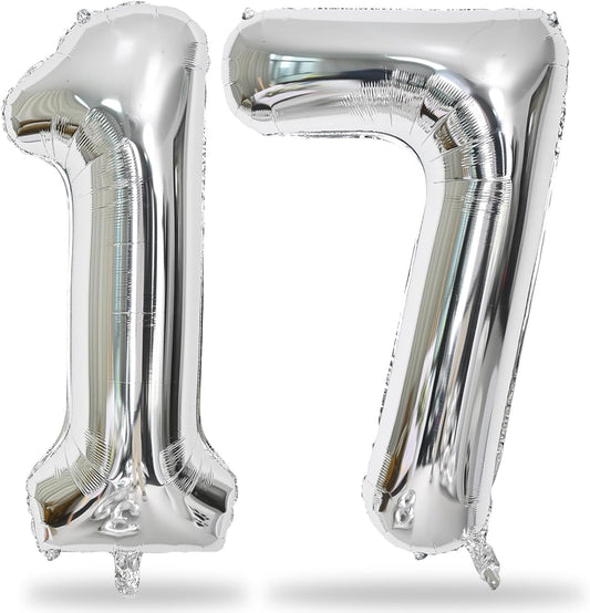 Large Silver Number 17 Balloon, Foil Number 1 and 7 Helium Balloon, 40 Inch Mylar Self Inflating Number 17 Balloon Set for Girls Boys 17th Birthday Party Decor Women Anniversary Decorations Supplies