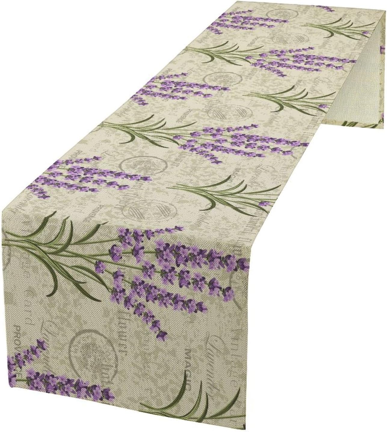 Floral Lavender Table Runner,Vintage Rustic Country Romantic Purple Flower Pattern Print Burlap for Hotel Indoors Outdoor Dining Room Kitchen Home Decor, 13x80in