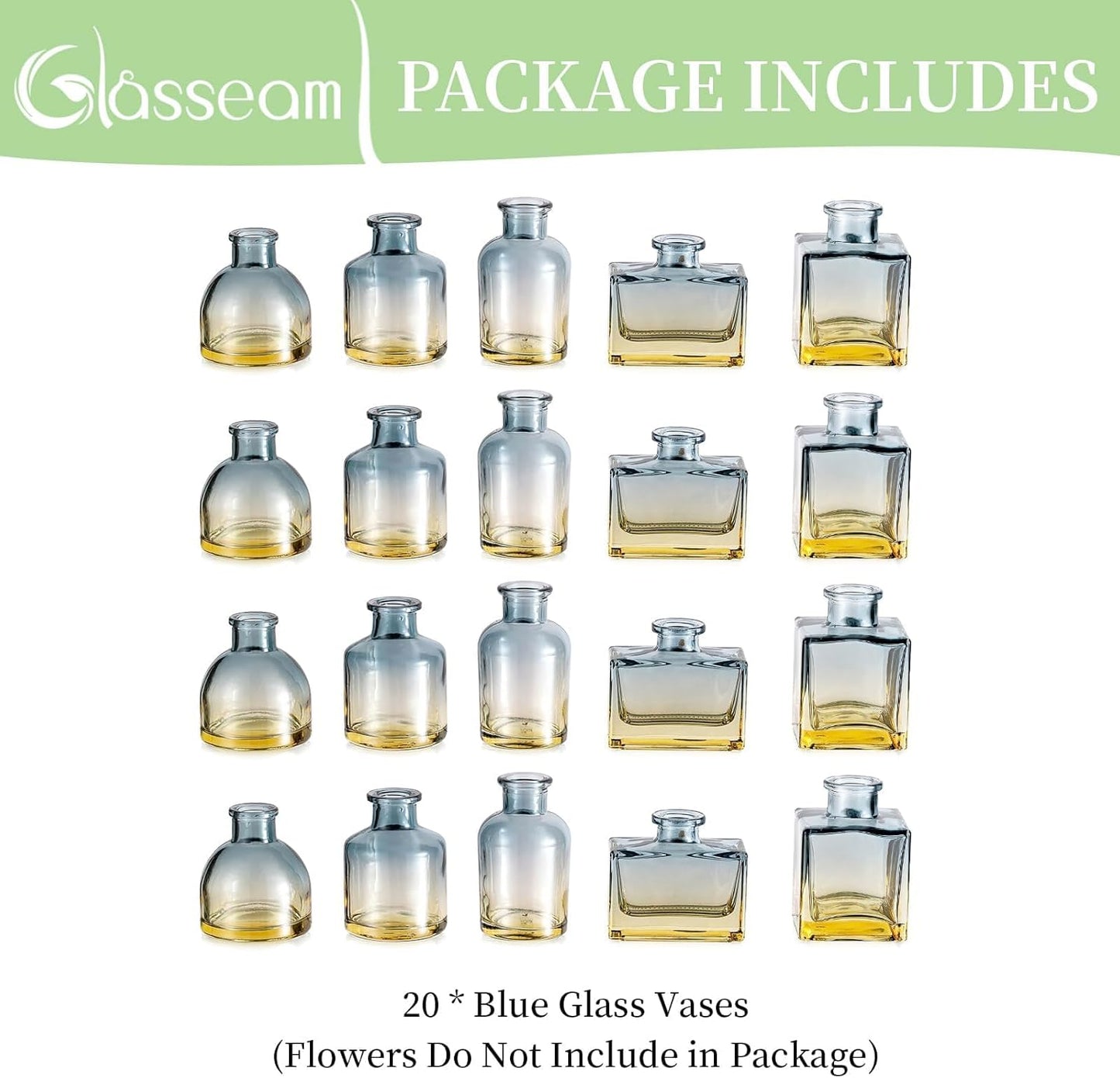 Glasseam Mini Bud Vases for Centerpieces: Clear Small Flower Vase Set of 20 Cute Tiny Glass Table Centerpieces Modern Wedding Birthday Party Baby Shower Dining Room Decoration Yellow Blue