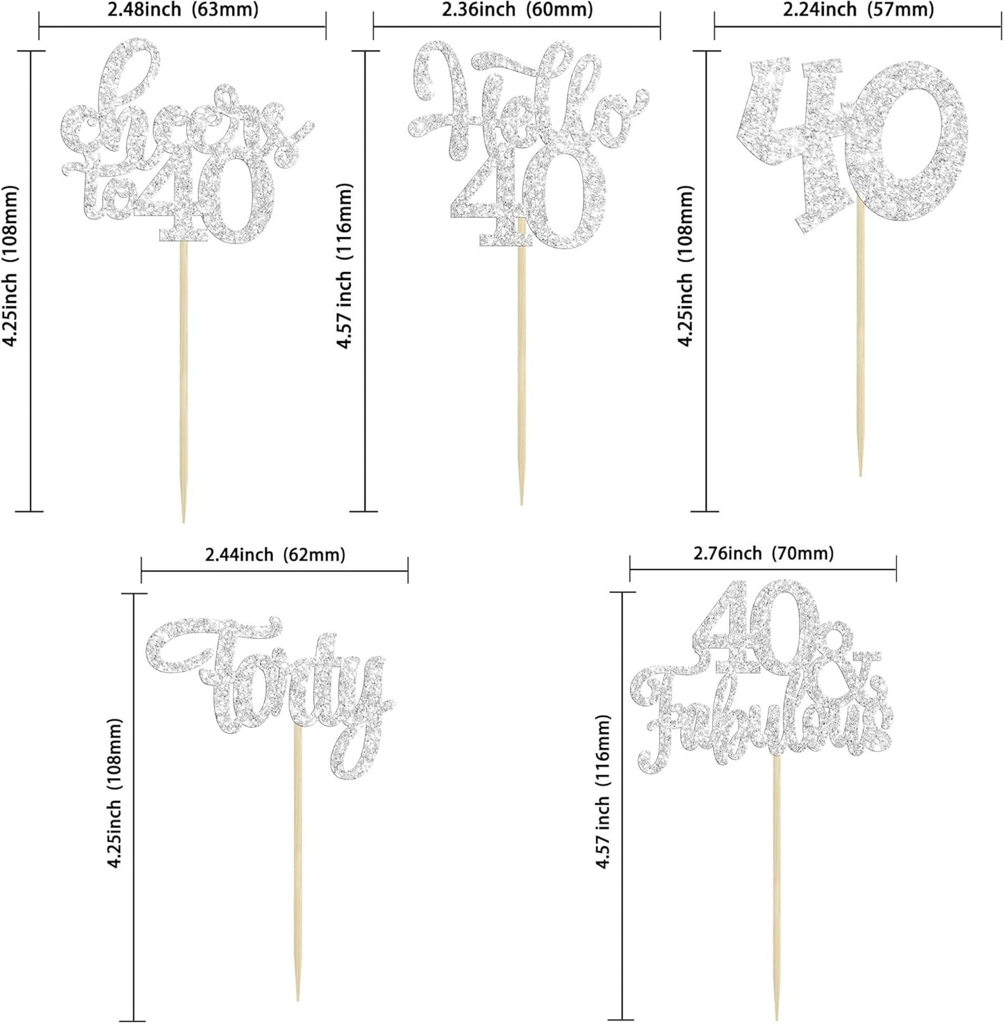 30pcs Happy 40th Birthday Cupcake Toppers - Silver Glitter Forty Cheers to 40 Years Old Cupcake Picks for Anniversary Party Cake Decorations