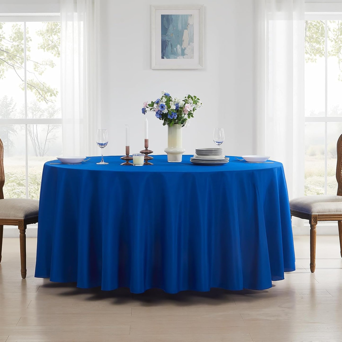 Round Tablecloth 132 Inch 2 Pack Royal Blue Tablecloths Washable Decorative Linen Polyester Table Clothes Cover for Dining Table Banquets Buffet Parties and Wedding