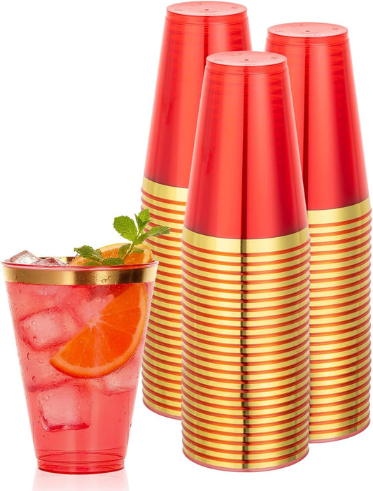 Goodluck 50PCS 14oz Red and Gold Plastic Cups for Party, Disposable Gold Rim Cups, Plastic Cocktail Glasses for Wedding Thanksgiving, Christmas, and Parties