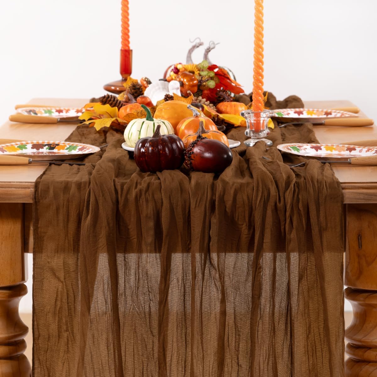 Brown Cheesecloth Table Runner Tan 6 Pack Fall Table Runners Boho Gauze 120 Inches Marron Cheese Cloth Fall Table Decorations for Thanksgiving Wedding Bridal Baby Shower Tea Party Decor