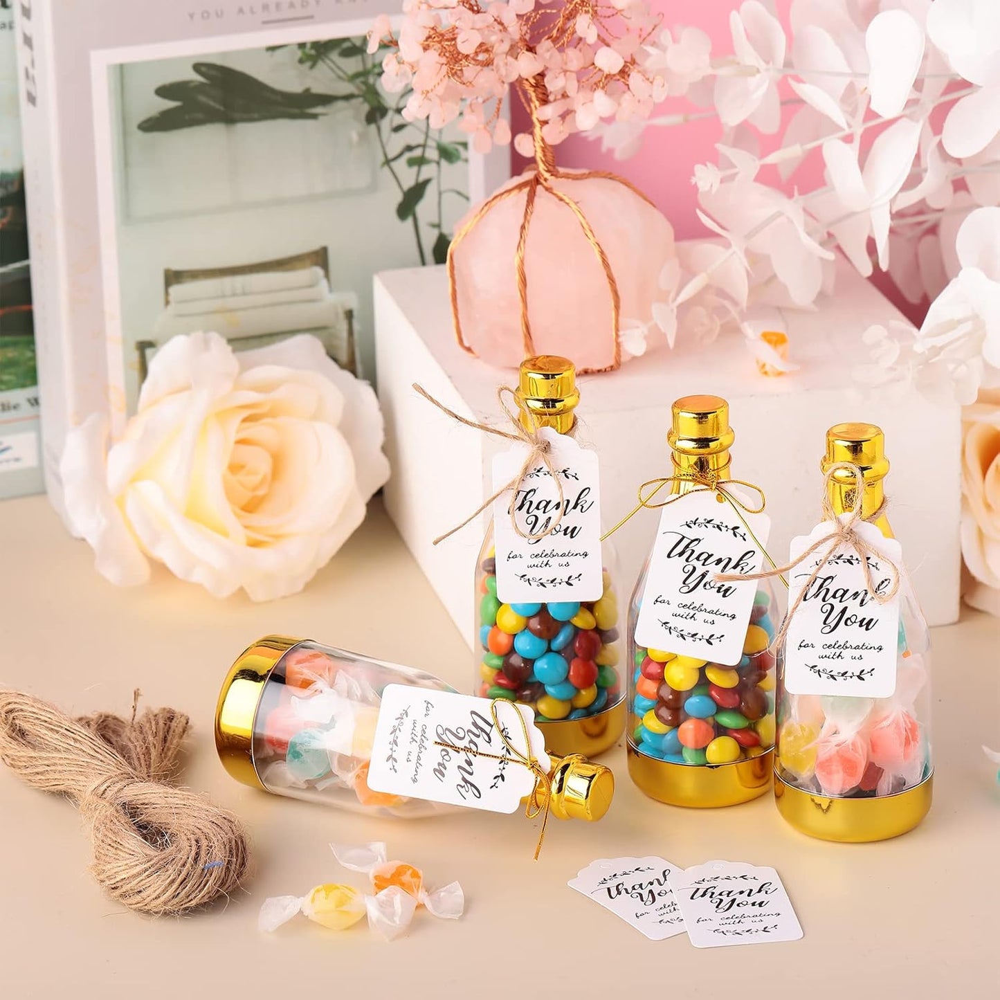 Gerrii 100 Pcs Metallic Mini Champagne Bottle Candy Container Shaped Jars Gold Plastic DIY Favor Candy Bottle Wedding Party Favor Containers with Gift Tags Gold Strings and 65.6ft Rope