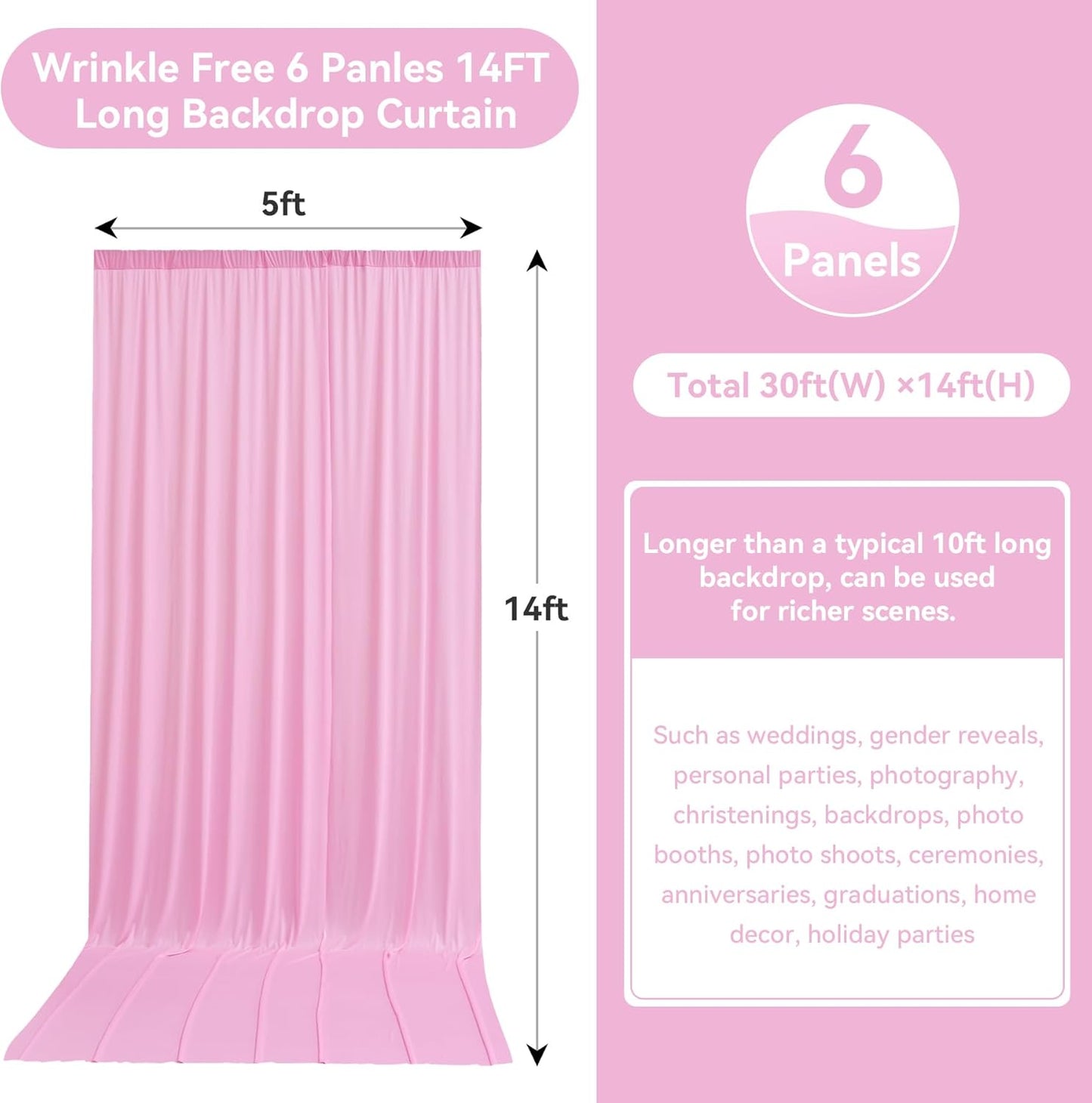 30ftx14FT Wrinkle Free Pink Backdrop Curtain, 6 Panels 14FT Height Pink Wedding Backdrop Drapes, Silky Polyester Back Drop Cloth for Birthday Photography Background Party Backdrop Draping