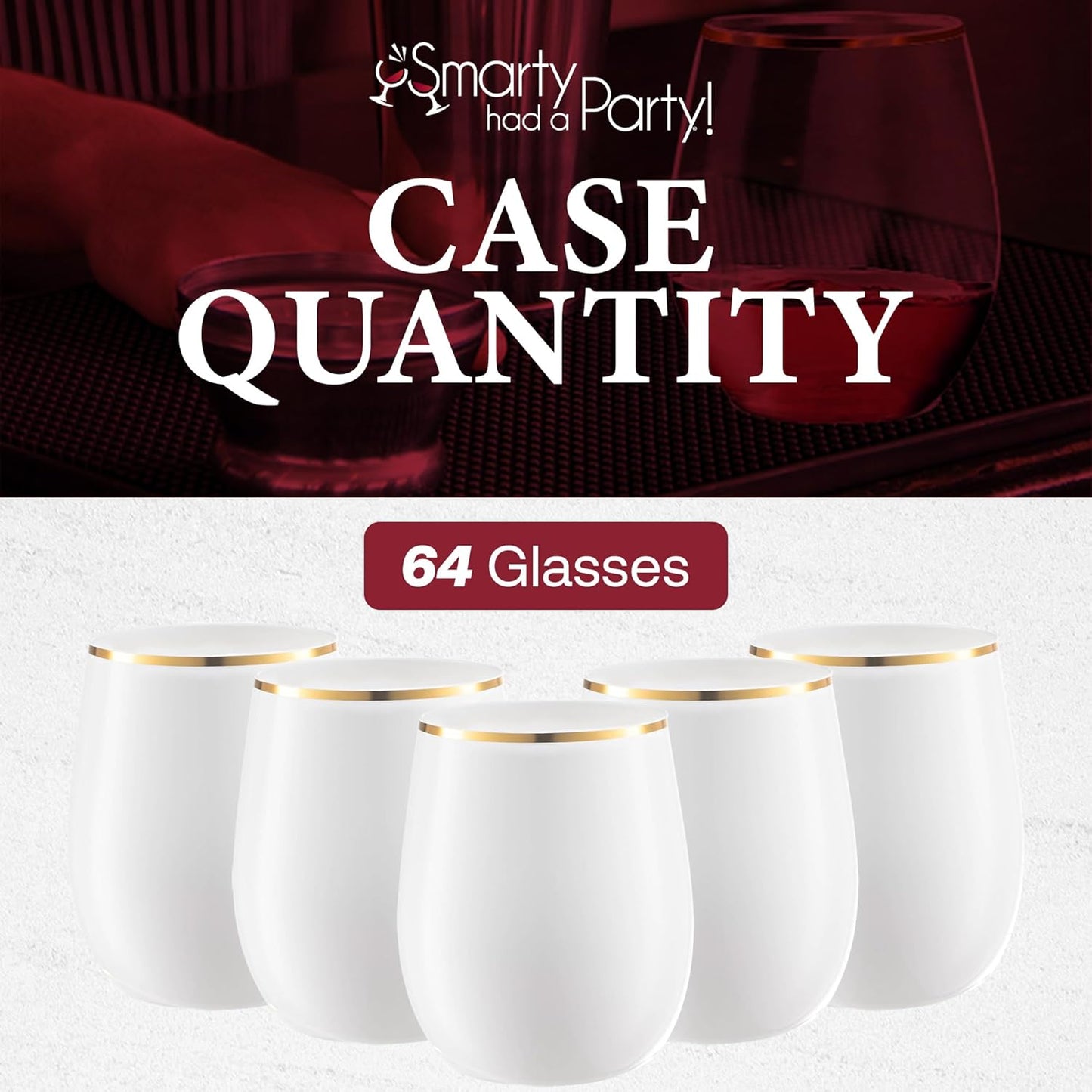 Smarty Had A Party 64 White with Gold Elegant Stemless Plastic Wine Glasses, 12 oz Disposable Drinkware, Plastic Wine Glasses for Parties