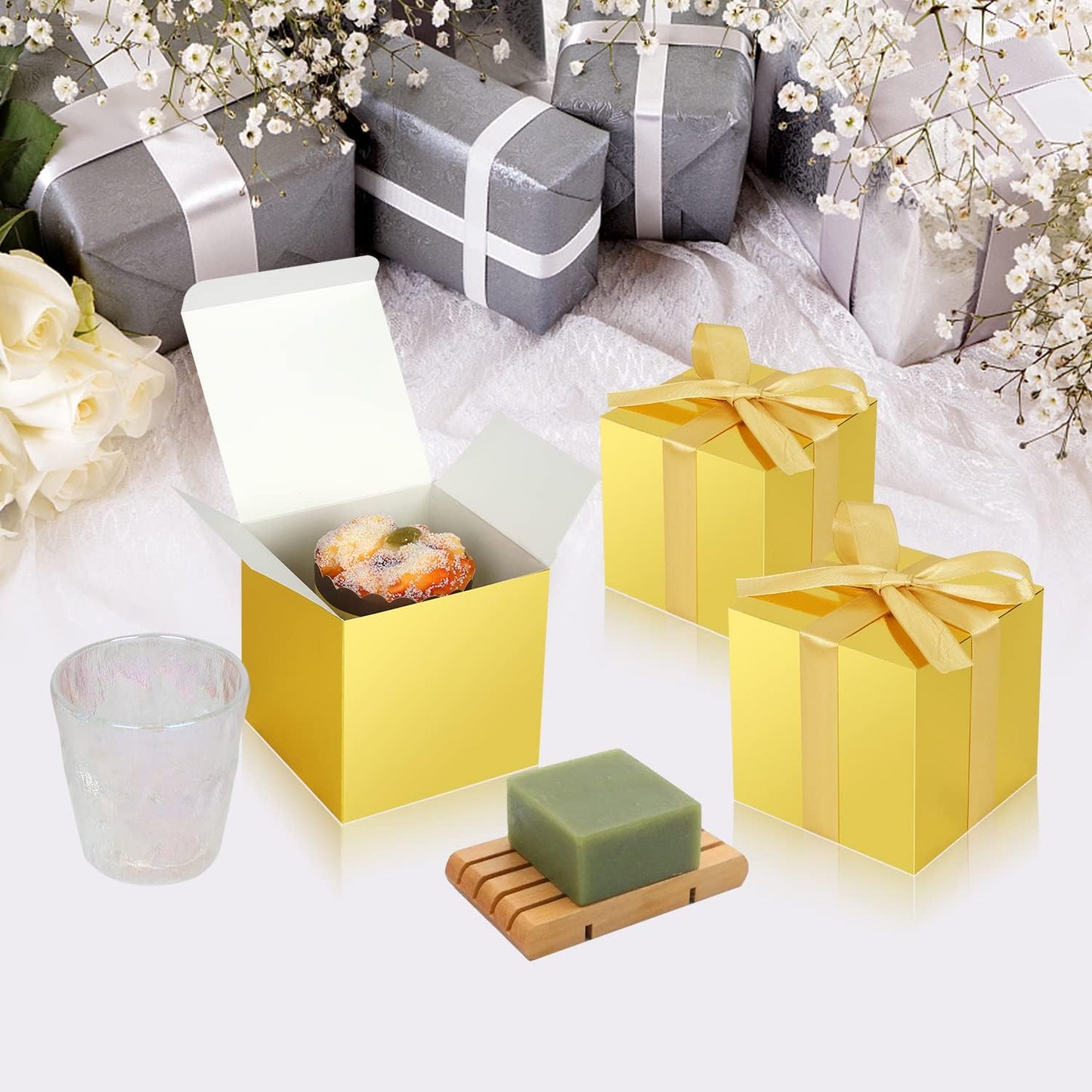 50 Pack Small Gift Boxes, 4x4x4 Favor Boxes Gold Paper Gift Boxes with Lids for Presents, Crafting, Cupcake Boxes, Gifts, Candy Boxes for Wedding Party Bridal Shower Baby Shower Favors