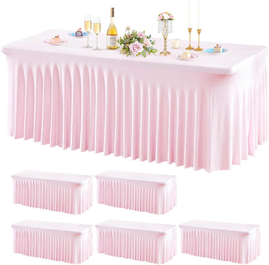 Wish Care 6 Pack Pink Spandex Table Clothes for 8 Foot Rectangle Tables, 8FT Wrinkle Free Fitted Tablecloths Ruffles Design Table Cover for Party, Banquet, Wedding and Events