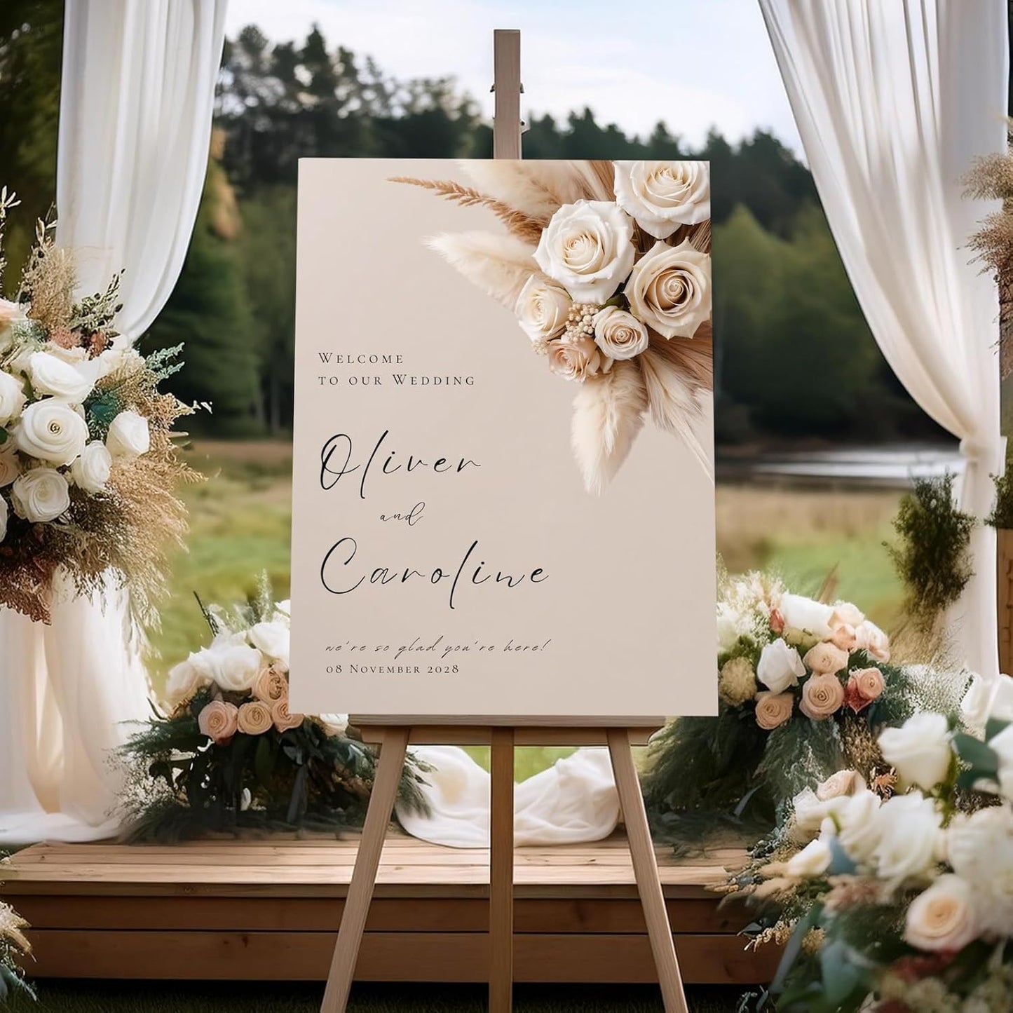 Welcome Wedding Signs, Elegant White Cream Beige Wedding Sign Decorations Signage 12" X 18" (Small), 27" (Medium), 36" (Large), Plastic, Modern, Pole Mount, Weather