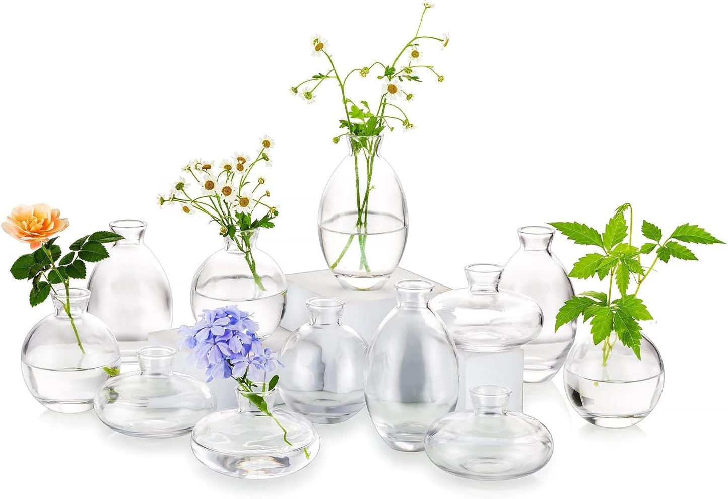 Glass Bud Vase for Centerpieces: 12Pcs Glasseam Clear Mini Small Vases for Flowers Bulk Flower Vase Set Aesthetic Cute Handmade Tiny Short Wedding Table Centerpiece Decor