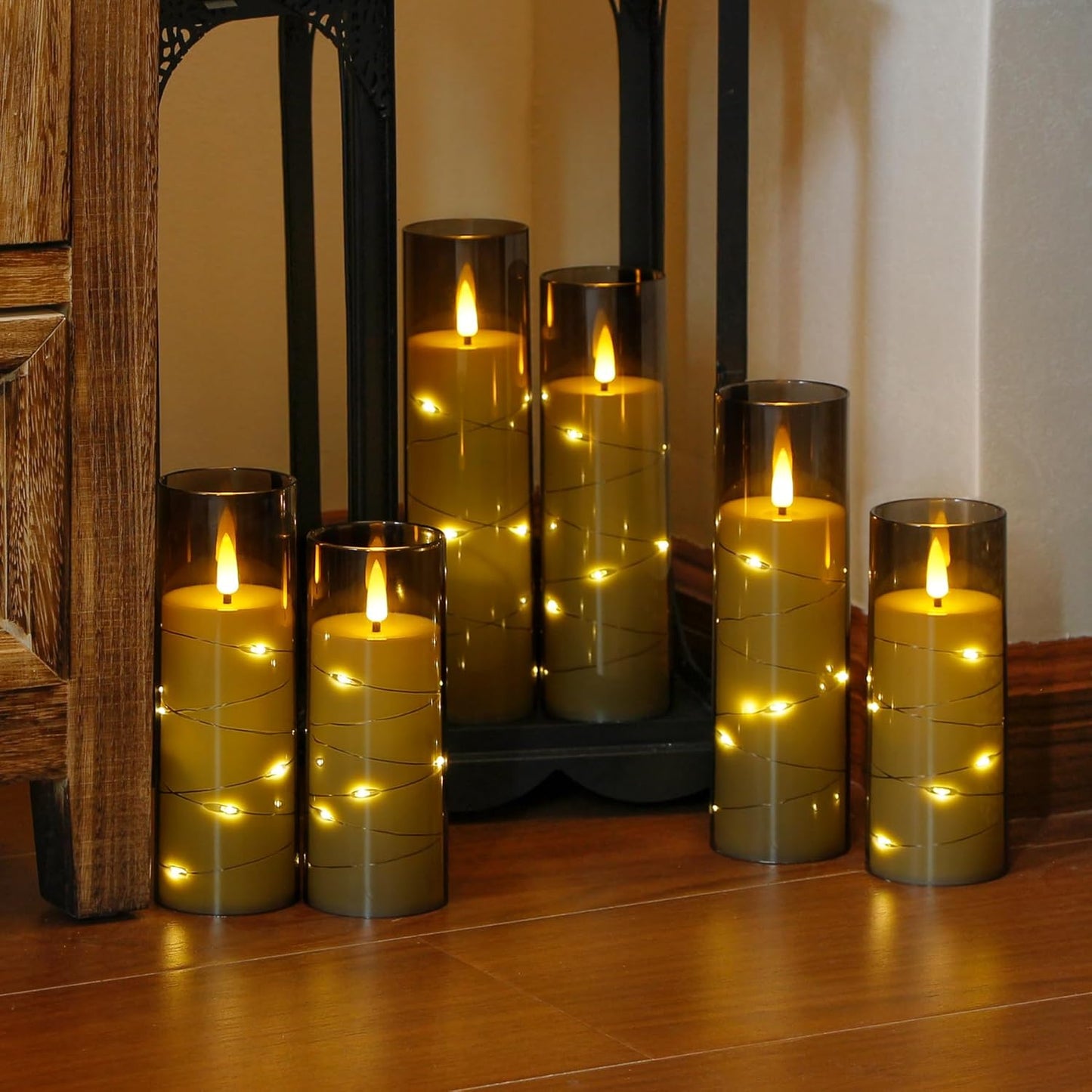 Grey Flameless Candles with Remote and String Light, 2.2"x 5",5",6",7",7",8" LED Battery Operated Plastic Flickering Timer Pillar Candles(Pack of 6,Turn On/Off String Light Mode)