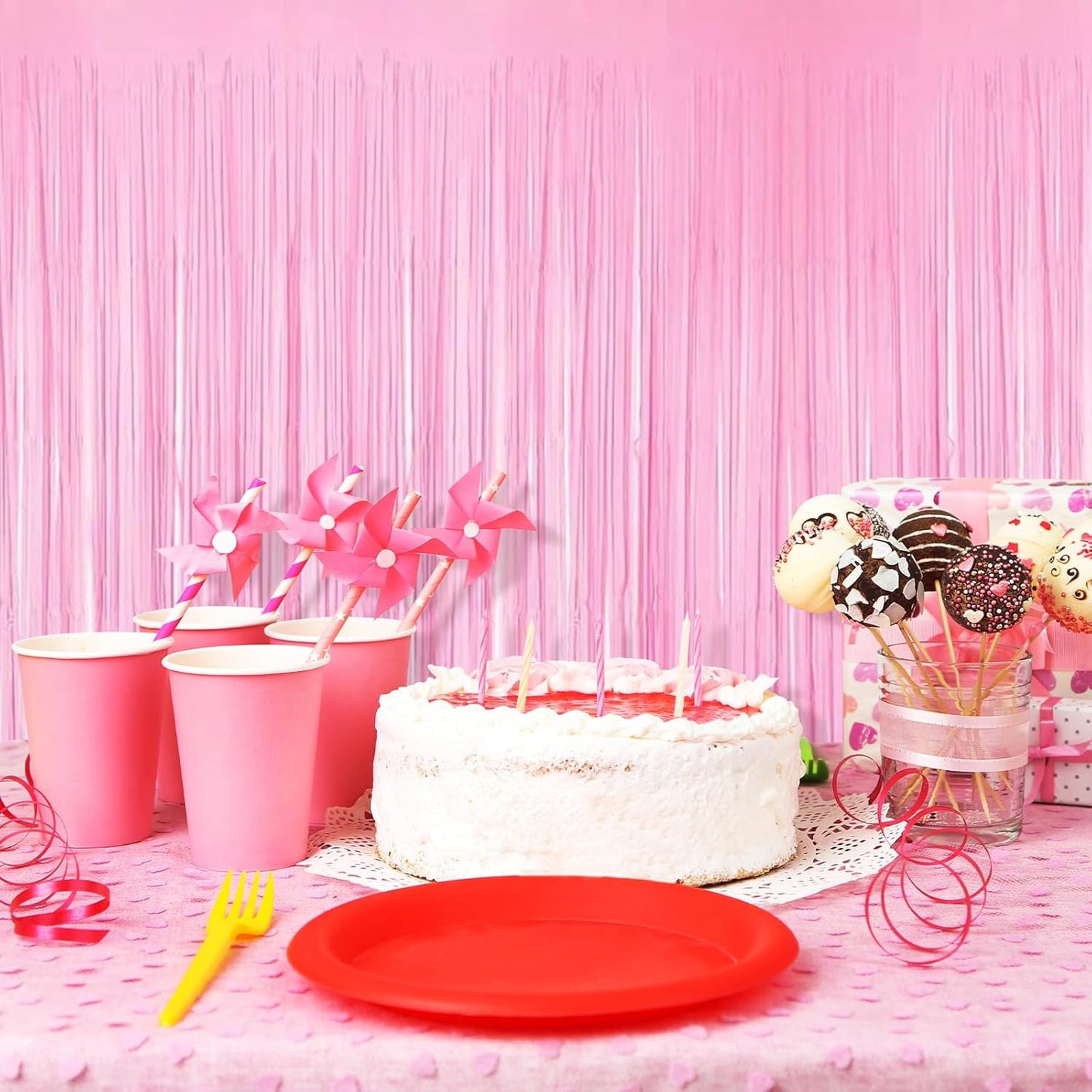 5 Pack Pink Foil Curtain Backdrop 3.2ft x 8.2ft Tinsel Foil Fringe Curtains Macaron Photo Booth Streamer Backdrop for Party Decorations Birthday Baby Shower Bachelorette Holiday Decor (Pastel Pink)