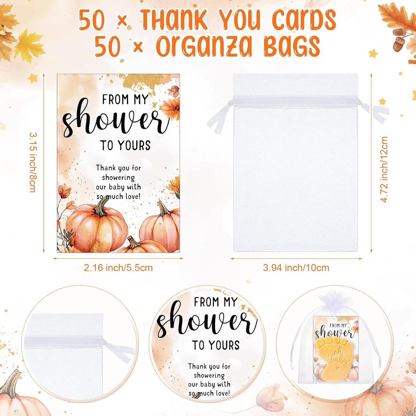 50 Sets Baby Shower Soap Favors for Guests - Mini Handmade Footprint Scented Soap with Thank You Cards and Organza Bag, Party Gifts for Gender Reveal Baptism Shower(Pumpkin Orange)